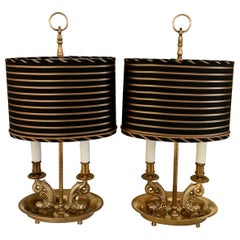 Vintage Pair Dolphin Bouillotte Lamps in Solid Brass with Custom Silk Shades