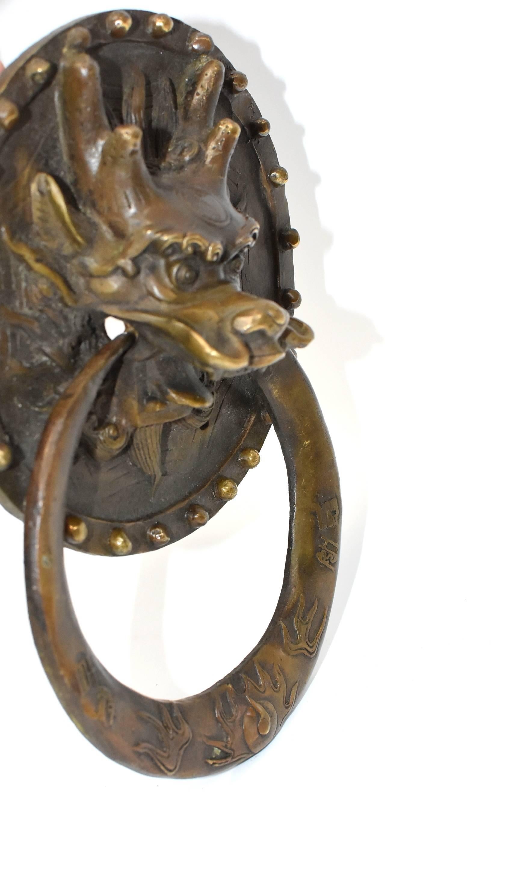 Pair of Brass Door Knockers, Dragon with Round Plates 5