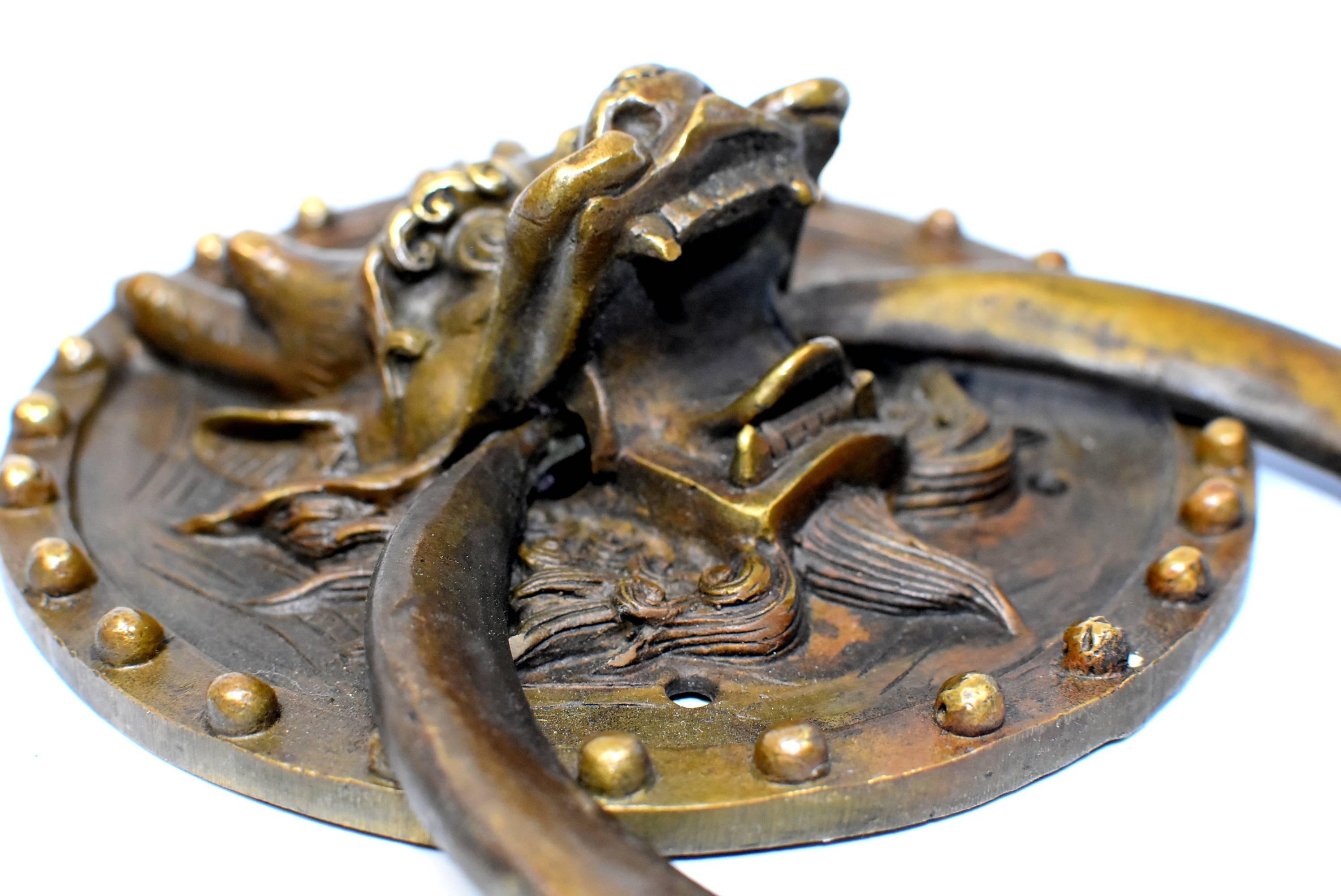 Pair of Brass Door Knockers, Dragon with Round Plates 11