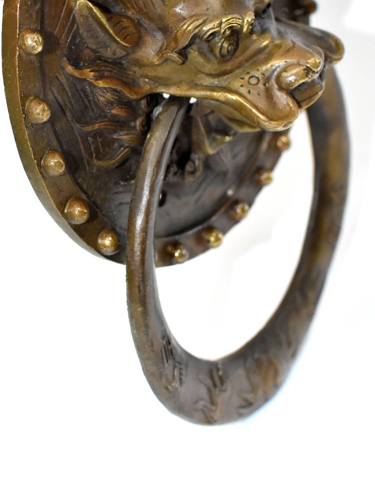 Pair of Brass Door Knockers, Dragon with Round Plates at 1stDibs