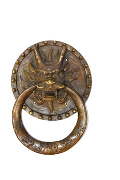 Pair of Brass Door Knockers, Dragon with Round Plates