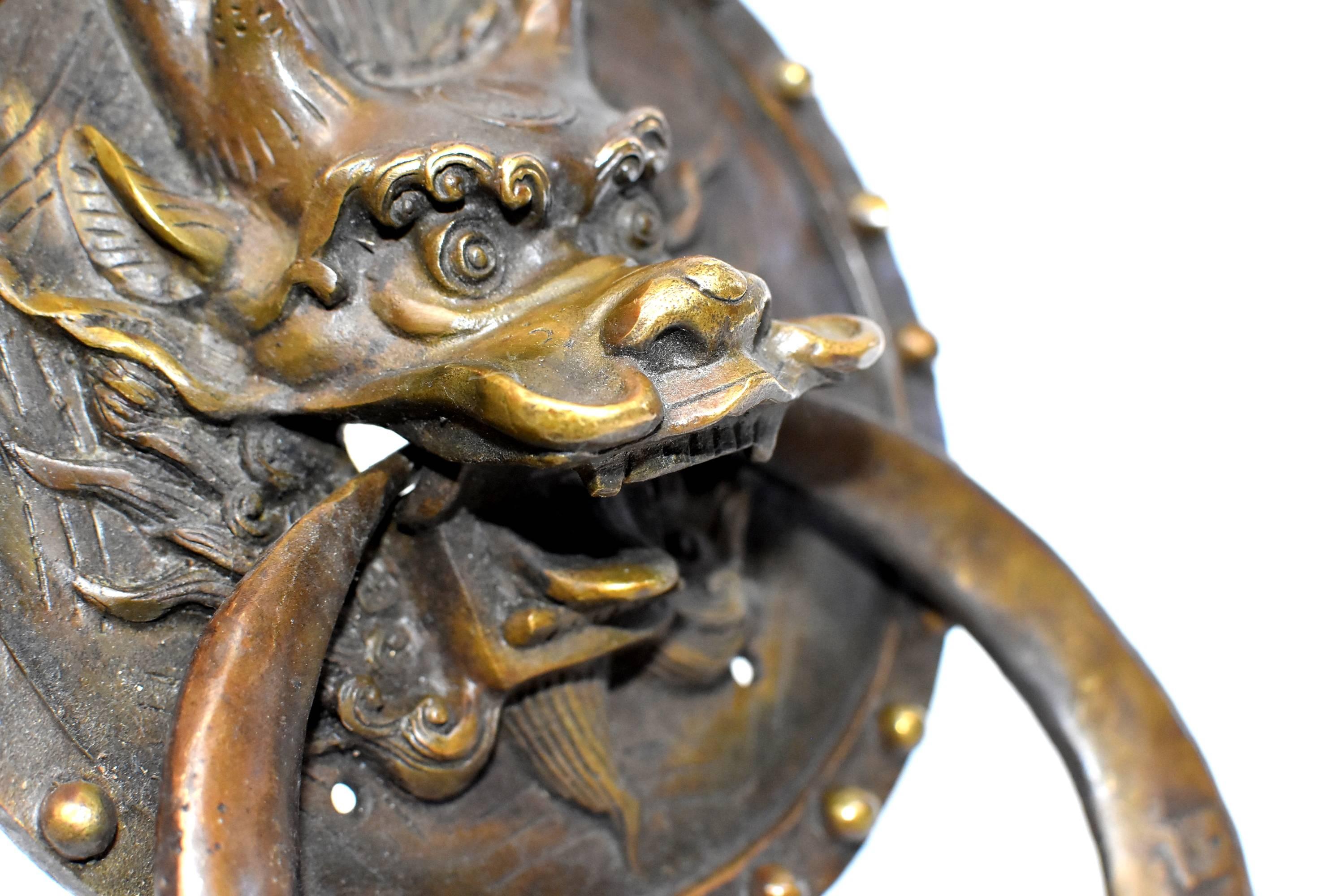 Pair of Brass Door Knockers, Dragon with Round Plates 15