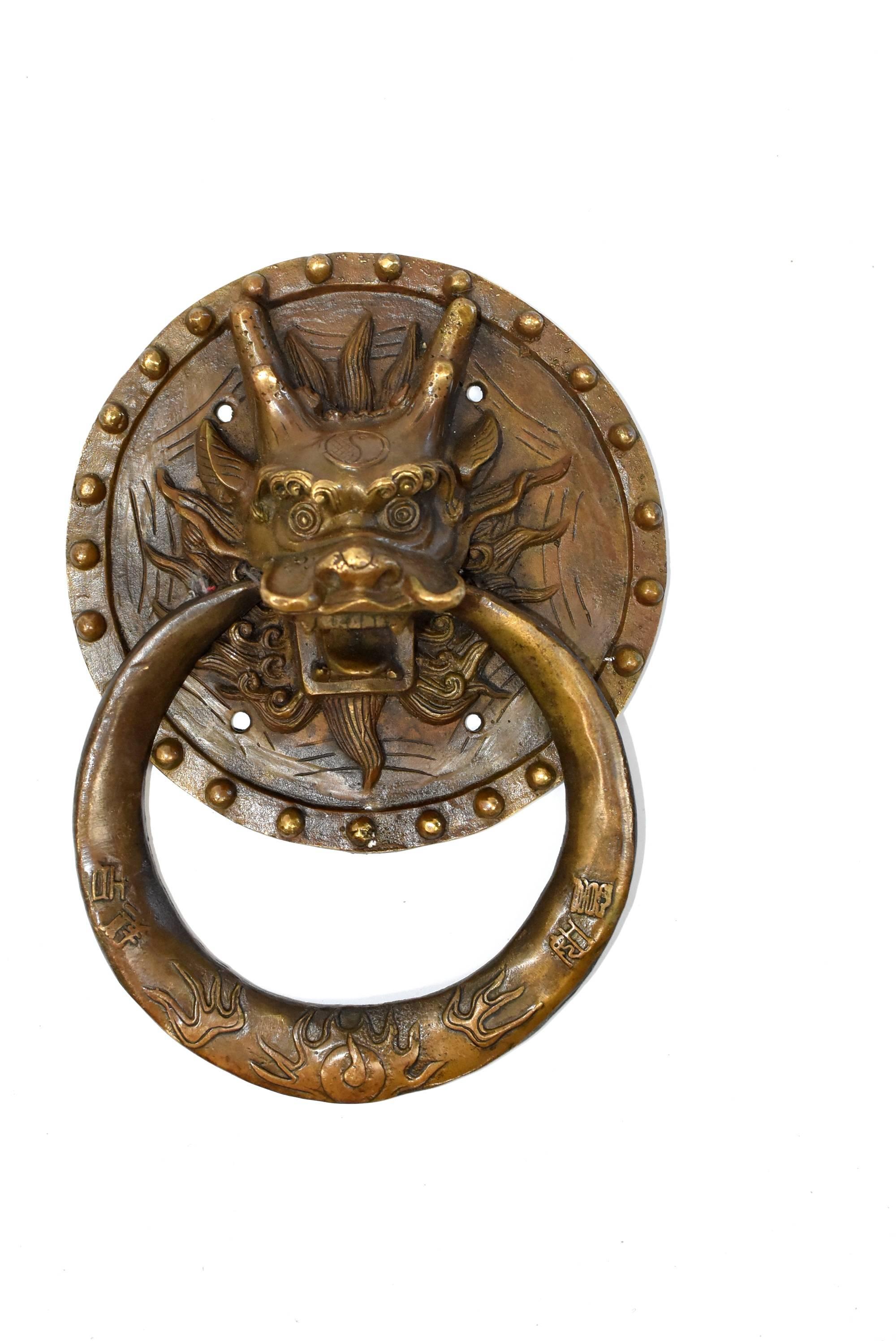 Chinese Pair of Brass Door Knockers, Dragon with Round Plates