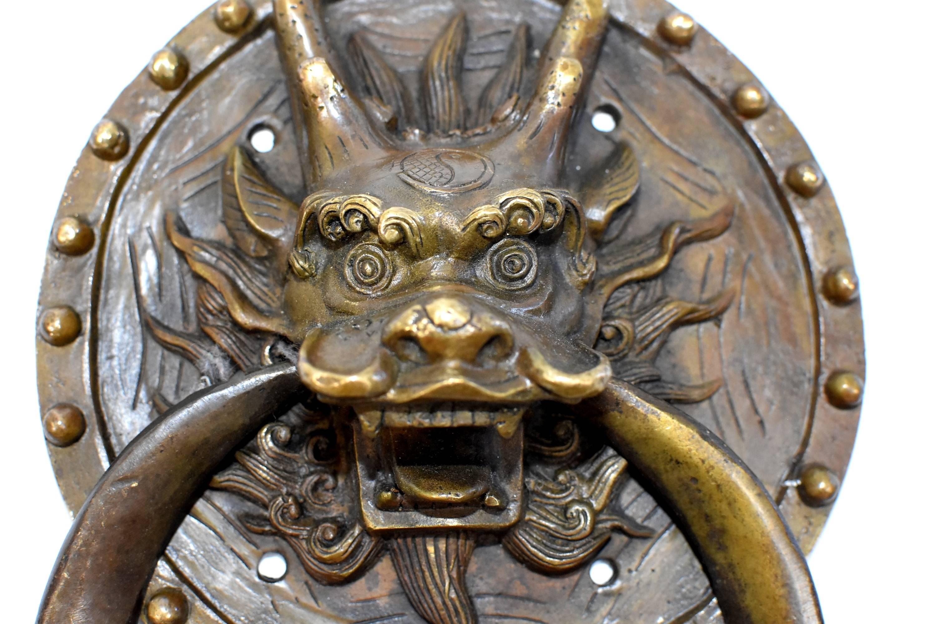 Contemporary Pair of Brass Door Knockers, Dragon with Round Plates