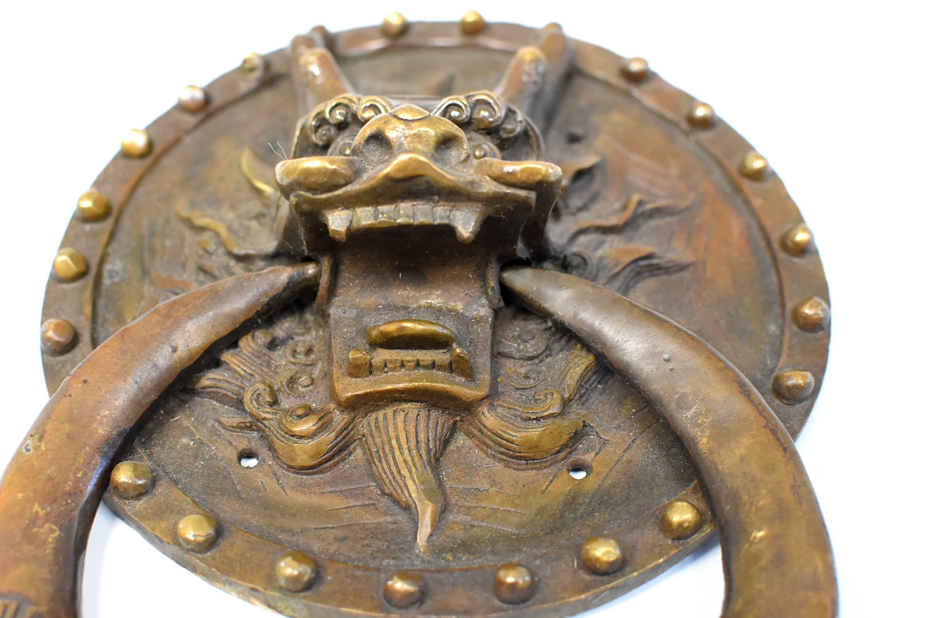 Pair of Brass Door Knockers, Dragon with Round Plates 2