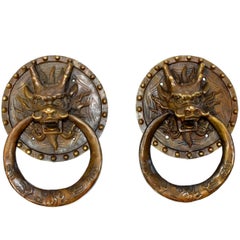 Pair of Brass Door Knockers, Dragon with Round Plates