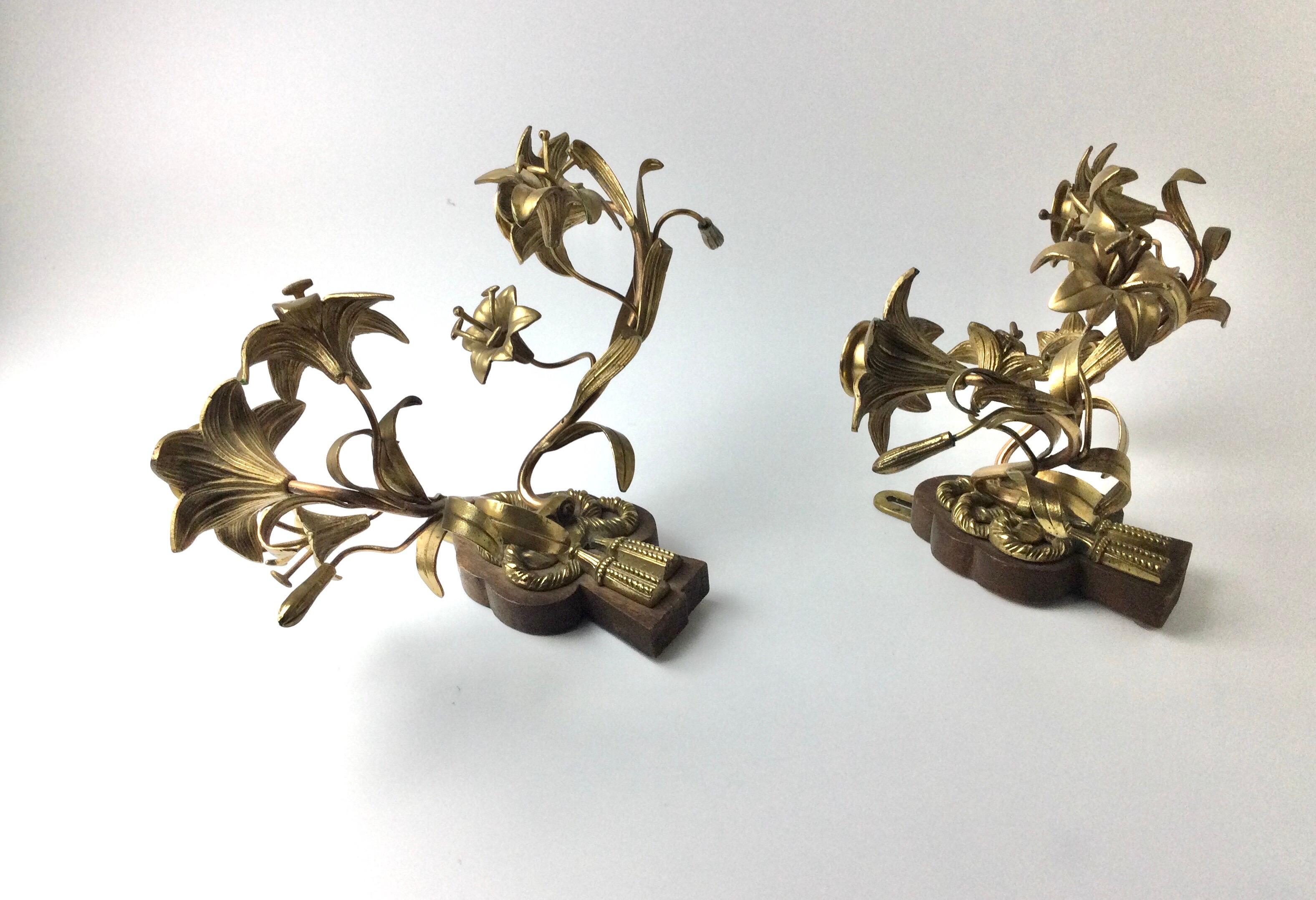 Pair of Brass Double Arm Floral Candle Wall Sconces For Sale 4