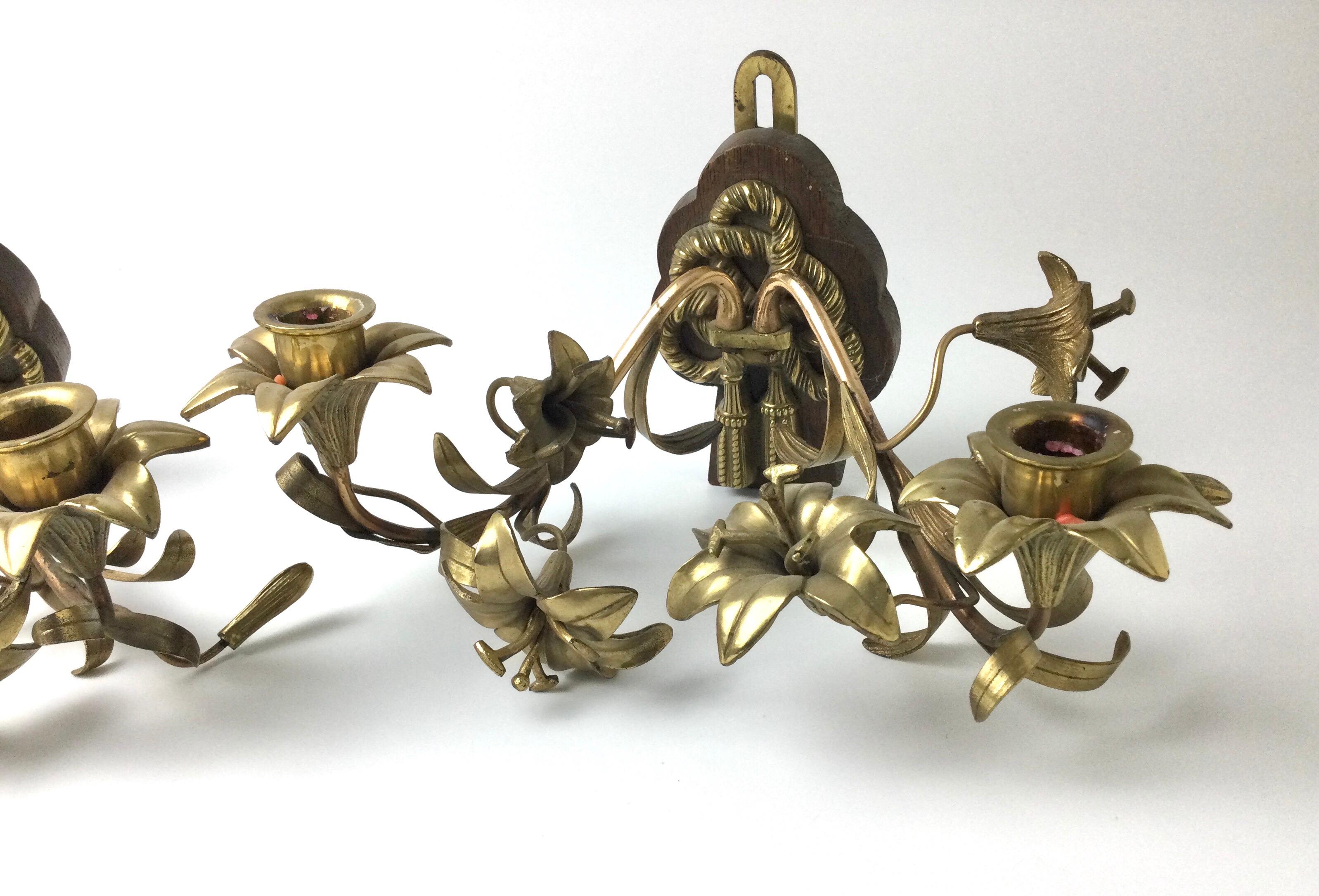 Unknown Pair of Brass Double Arm Floral Candle Wall Sconces For Sale