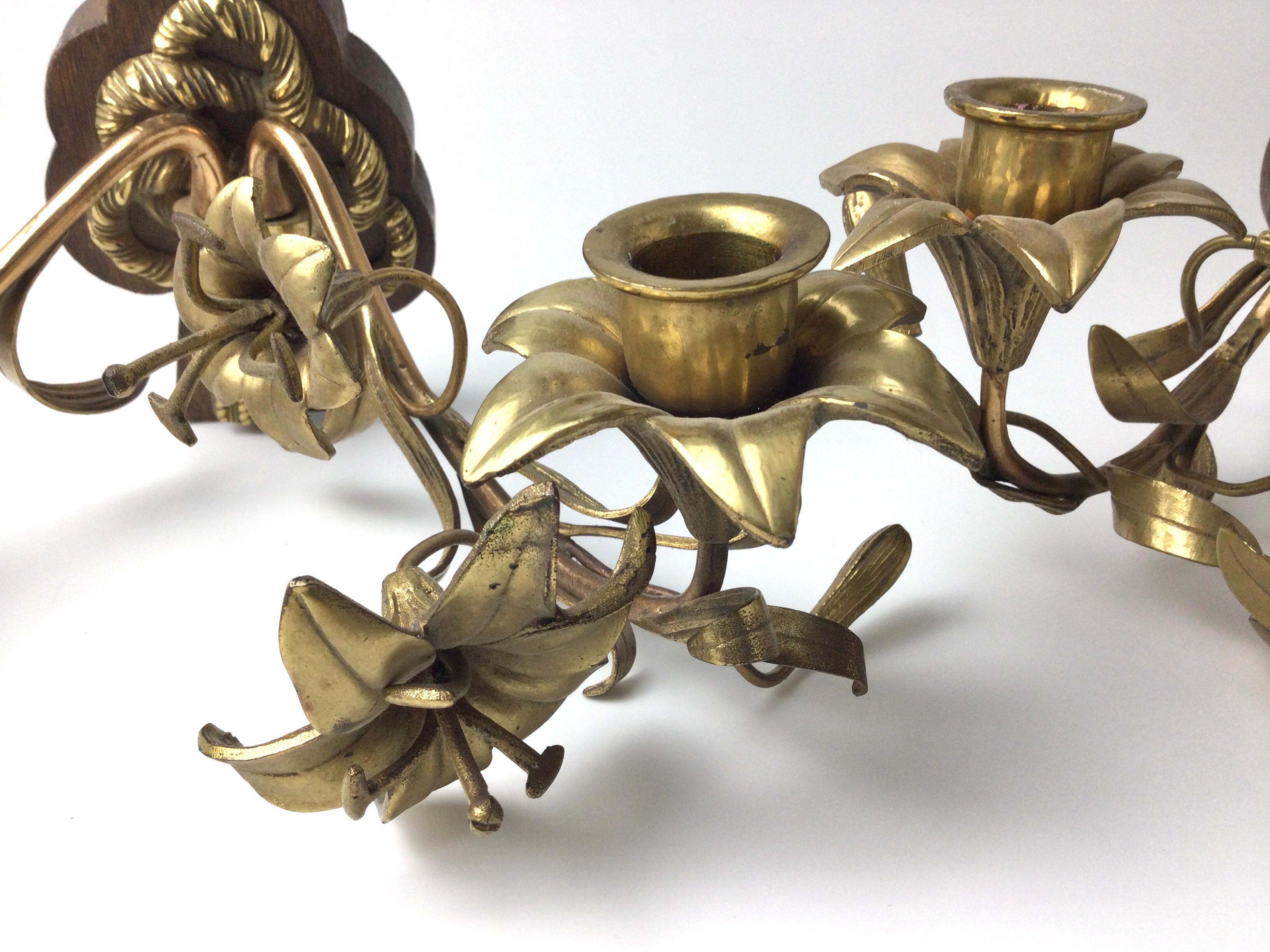 Pair of Brass Double Arm Floral Candle Wall Sconces In Good Condition For Sale In Lambertville, NJ