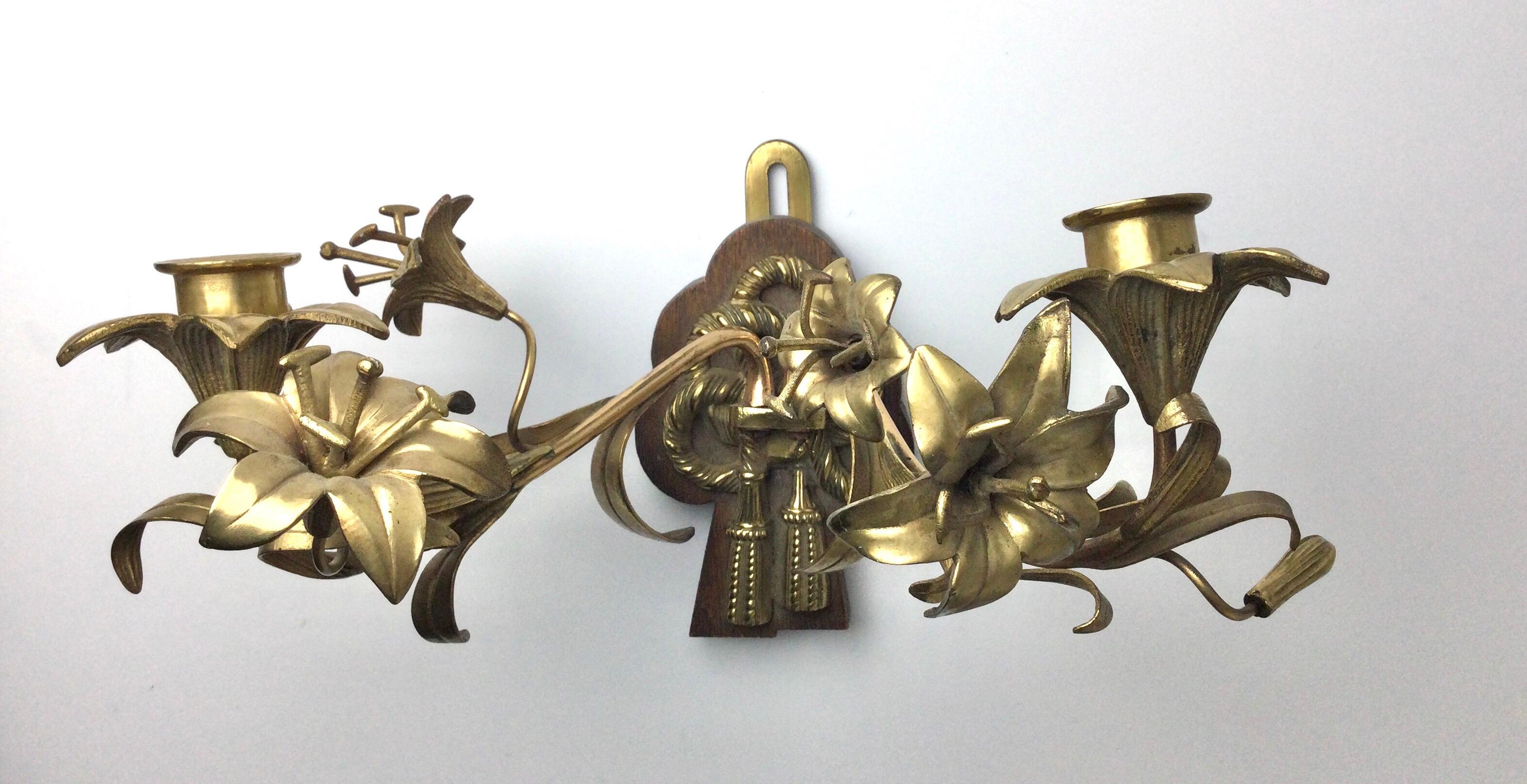 Pair of Brass Double Arm Floral Candle Wall Sconces For Sale 3