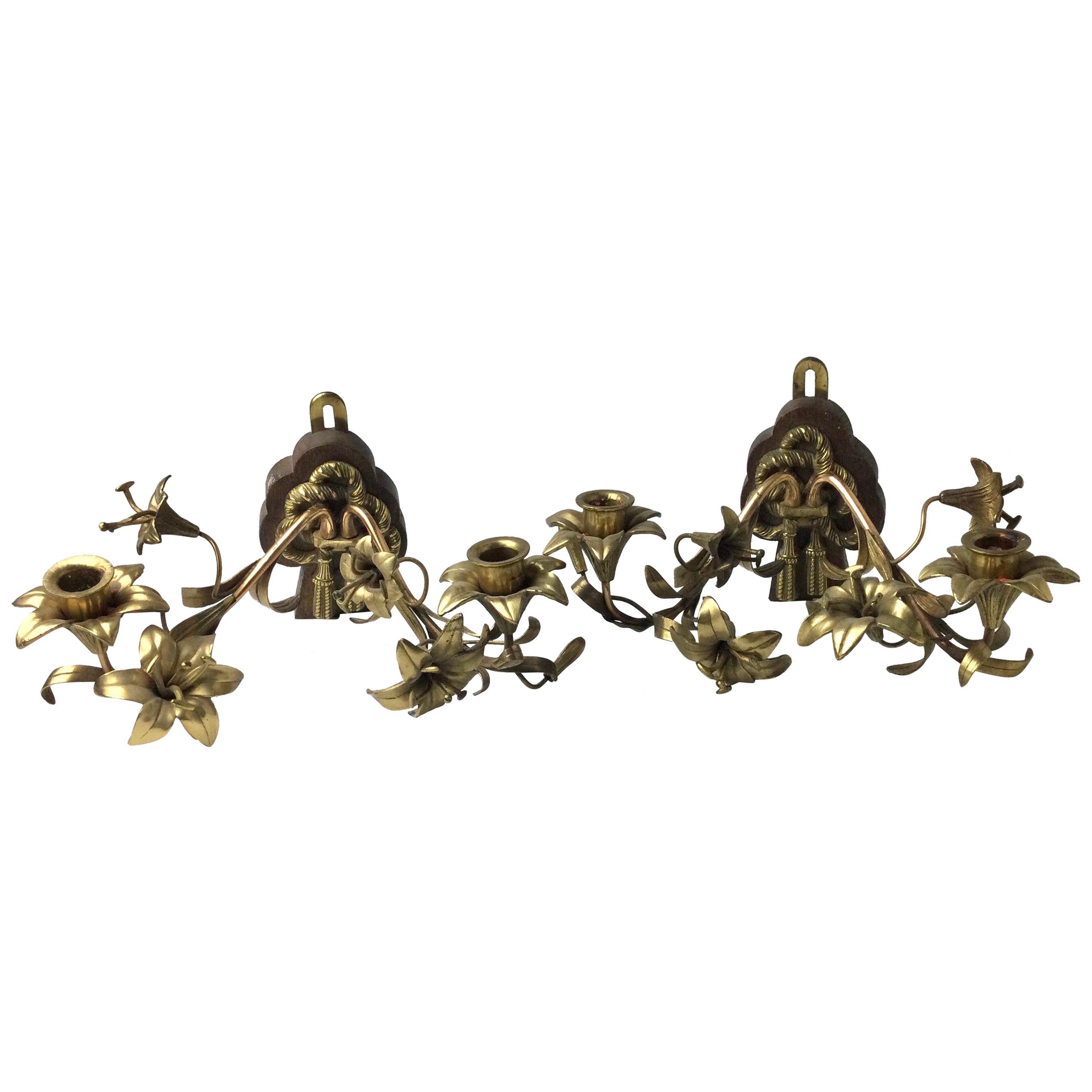 Pair of Brass Double Arm Floral Candle Wall Sconces For Sale