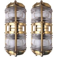 Vintage Pair of Brass, Double Light Ship's Lights with Fresnel Lens