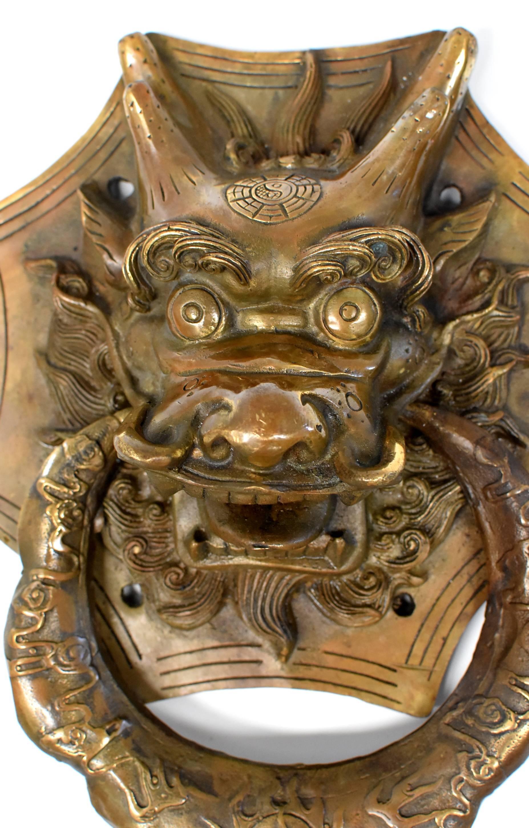 Chinese Pair of Brass Dragon Door Knockers, Medium