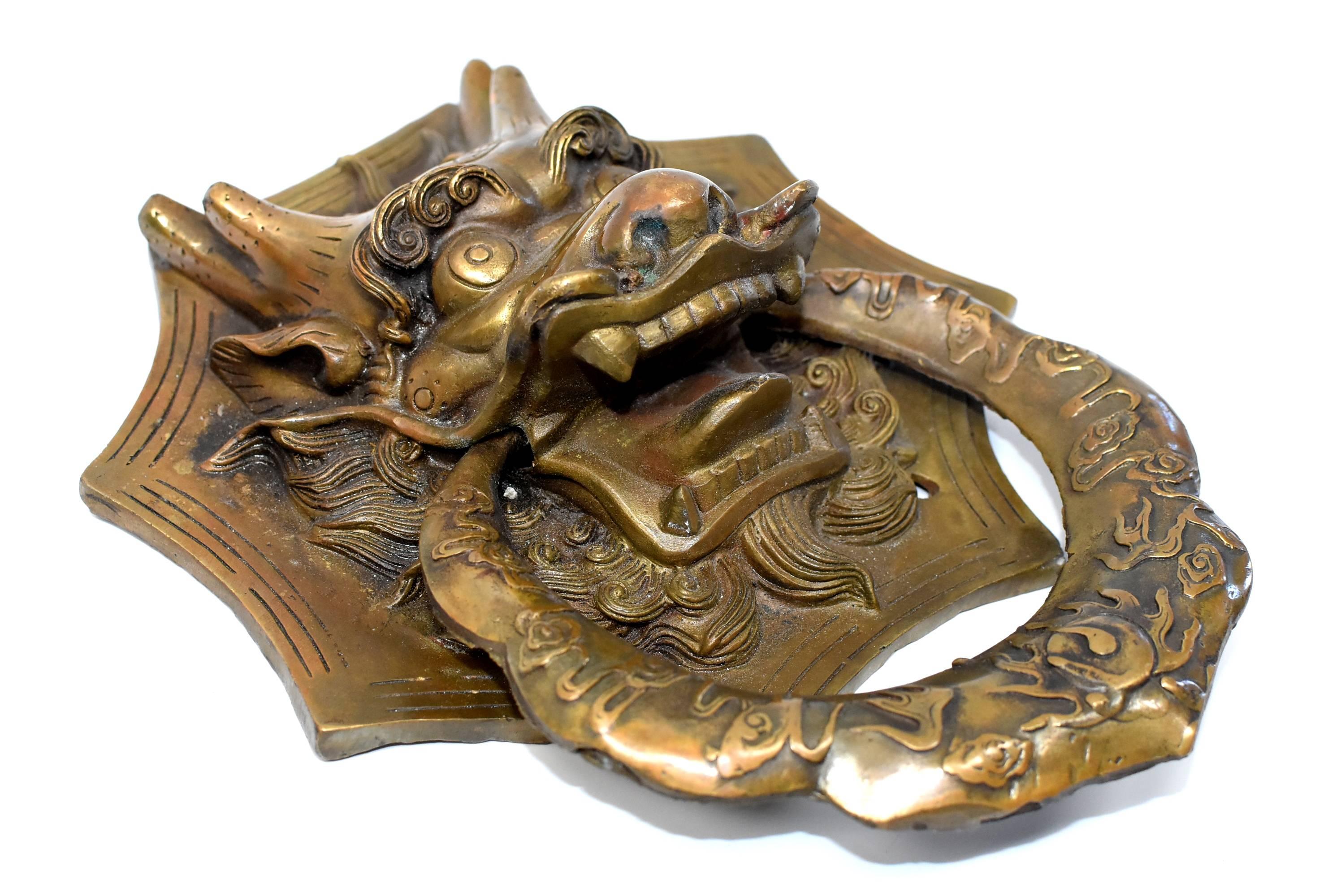 Contemporary Pair of Brass Dragon Door Knockers, Medium