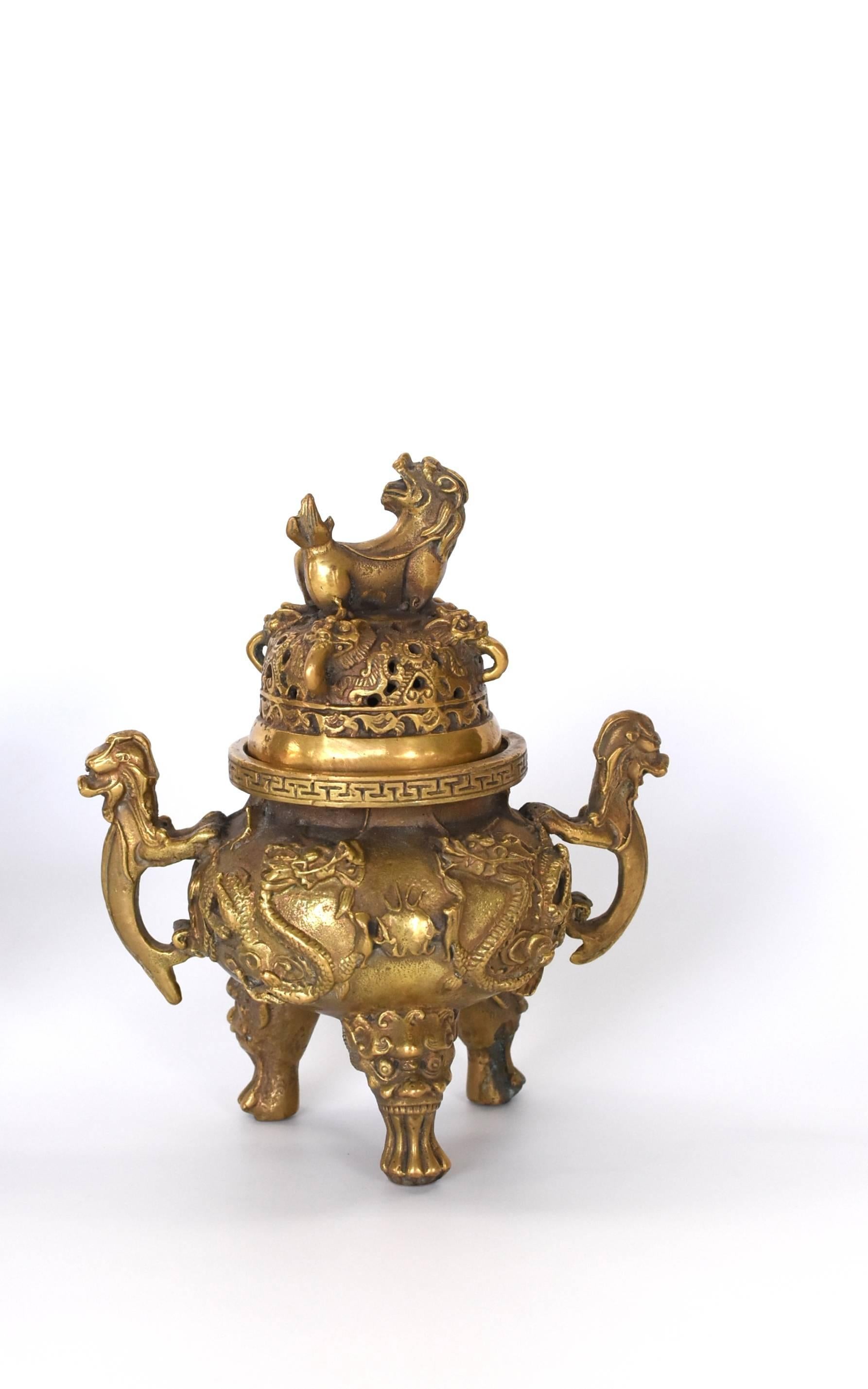 Ming Pair of Brass Dragon Incense Burners