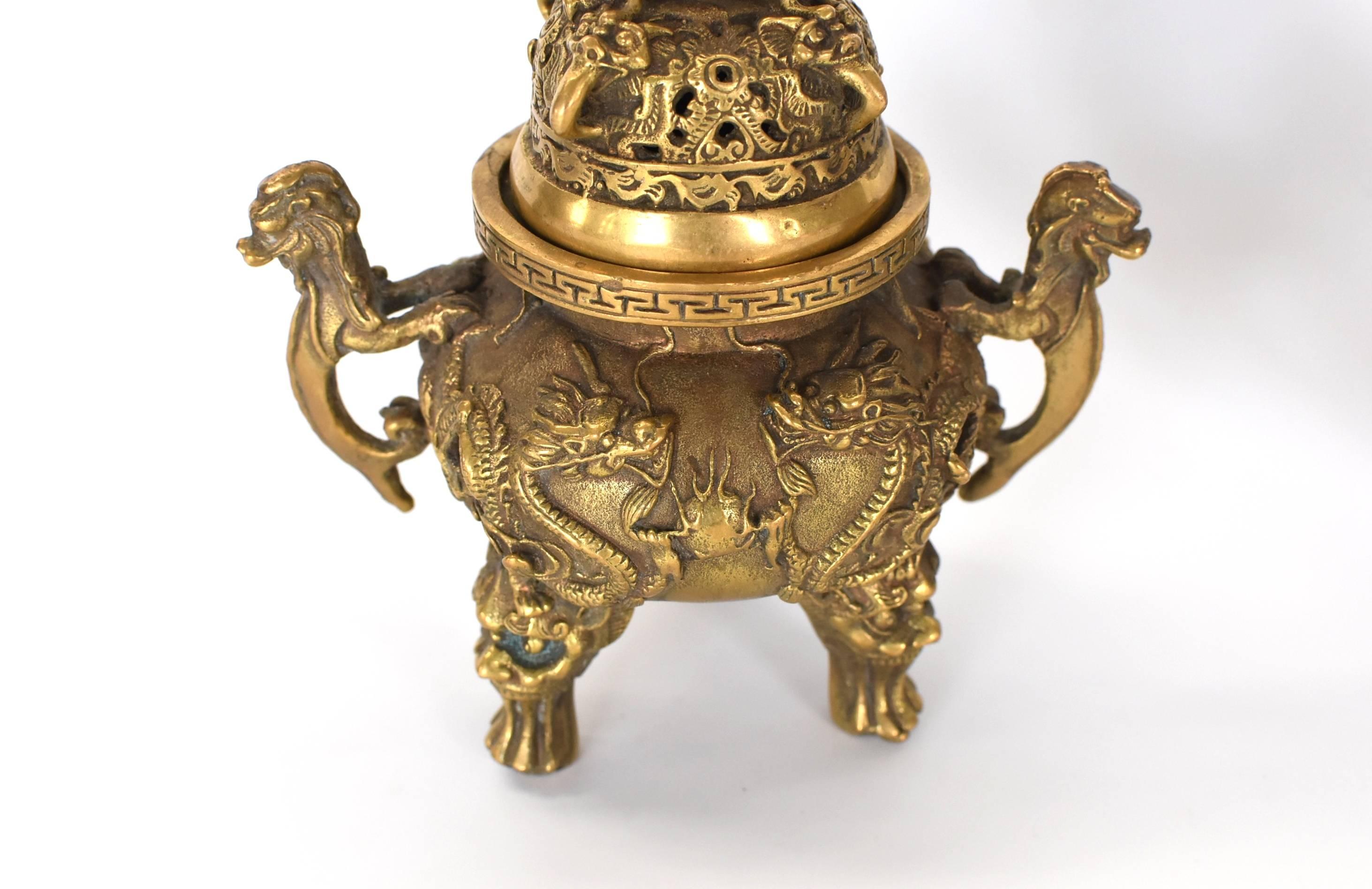 Pair of Brass Dragon Incense Burners In Excellent Condition In Somis, CA