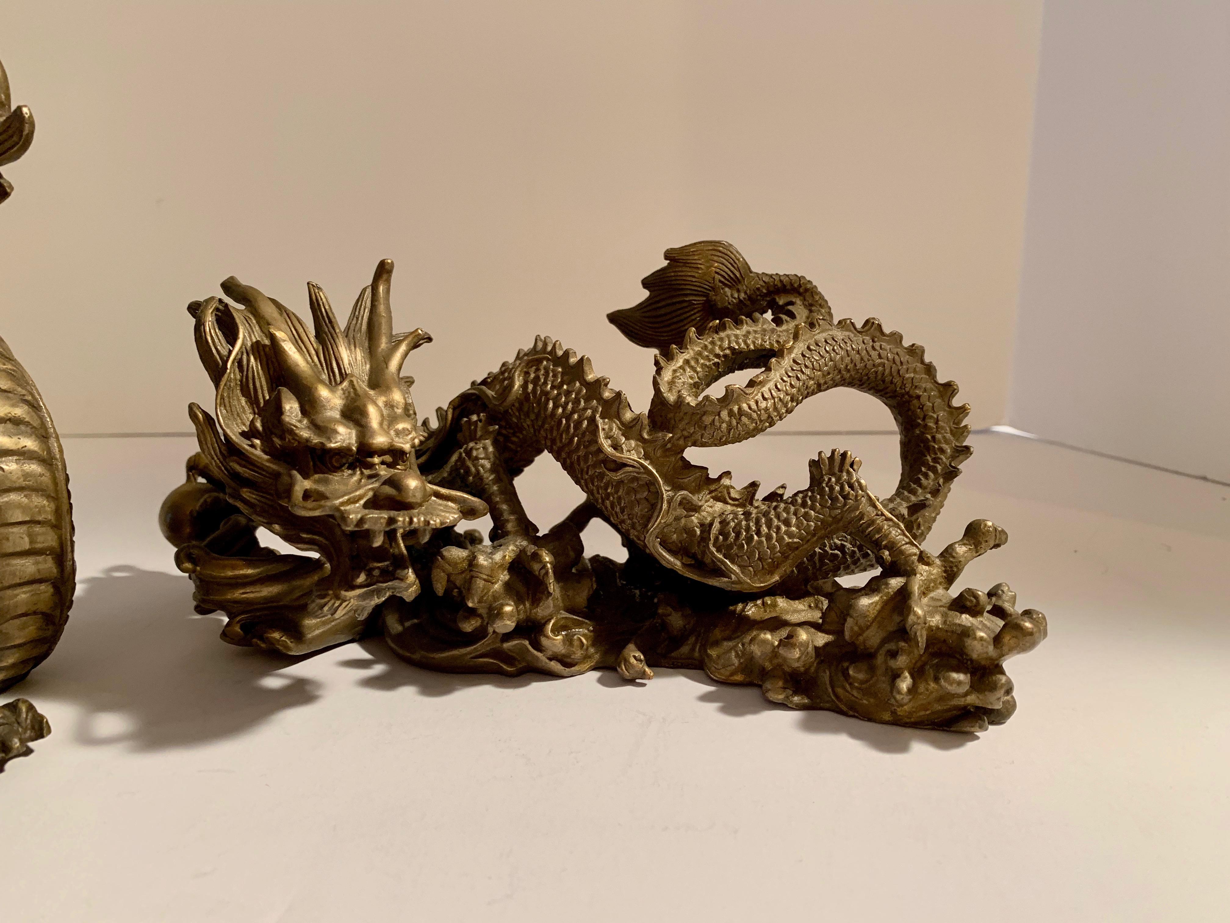 Pair of brass dragons chasing ball - an impressive, stand alone pair, or perfect for this 