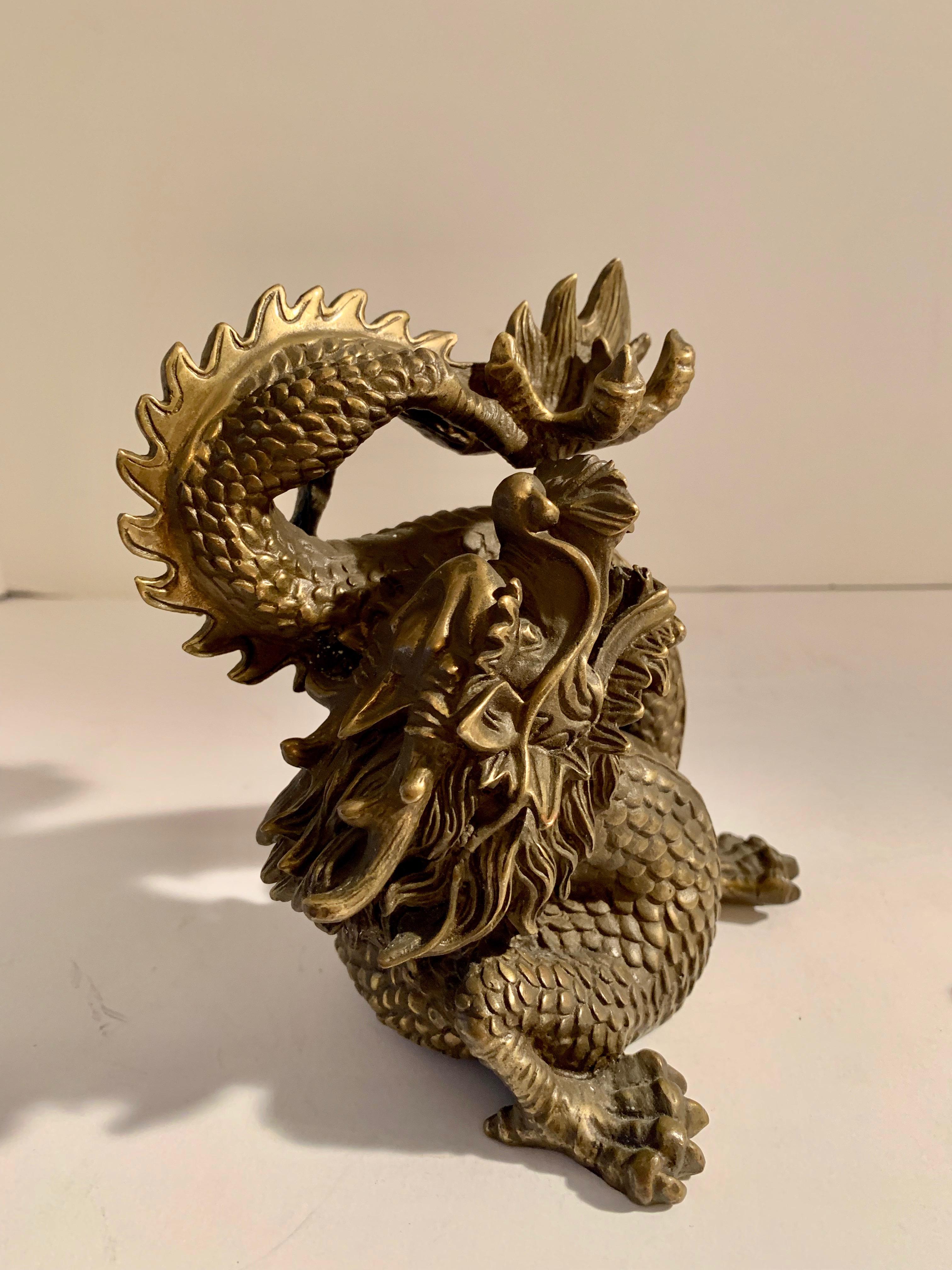 Chinese Export Pair of Brass Dragons Chasing Ball