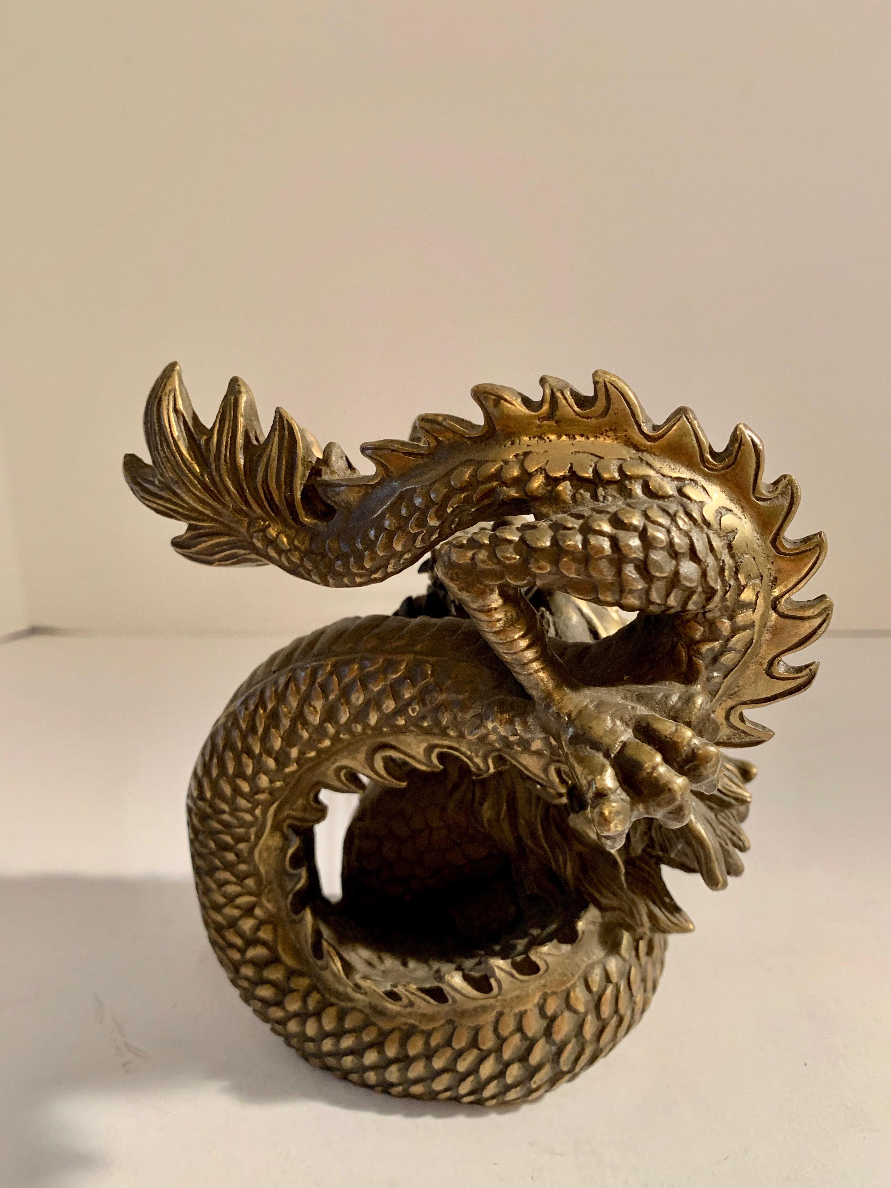 Pair of Brass Dragons Chasing Ball In Good Condition In Los Angeles, CA