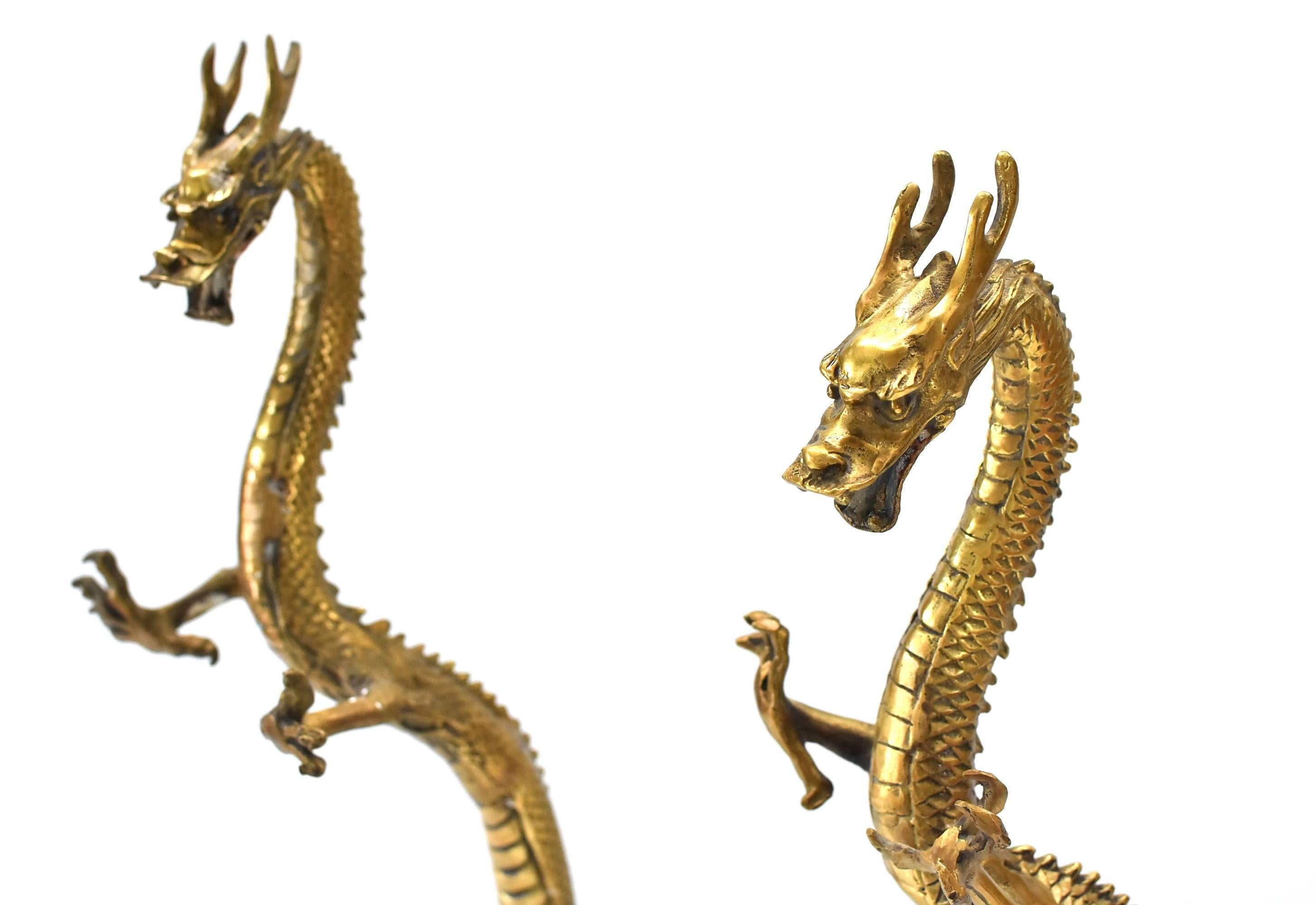 Chinese Pair of Brass Dragons, Large Standing