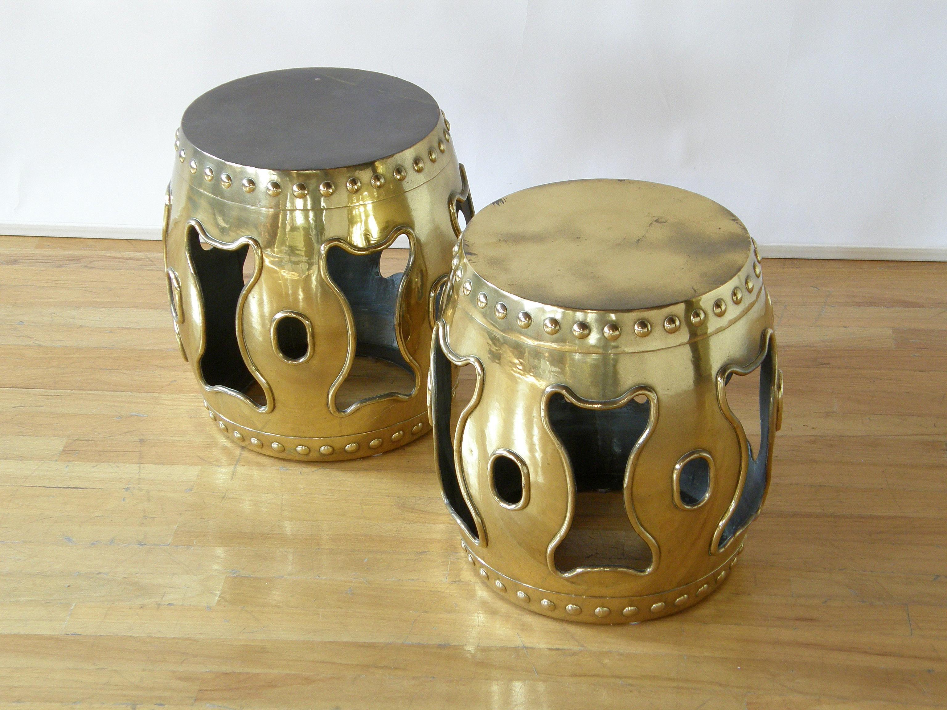 Chinoiserie Pair of Brass Drum Garden Stools Chinese Style Design with Pierced Sides
