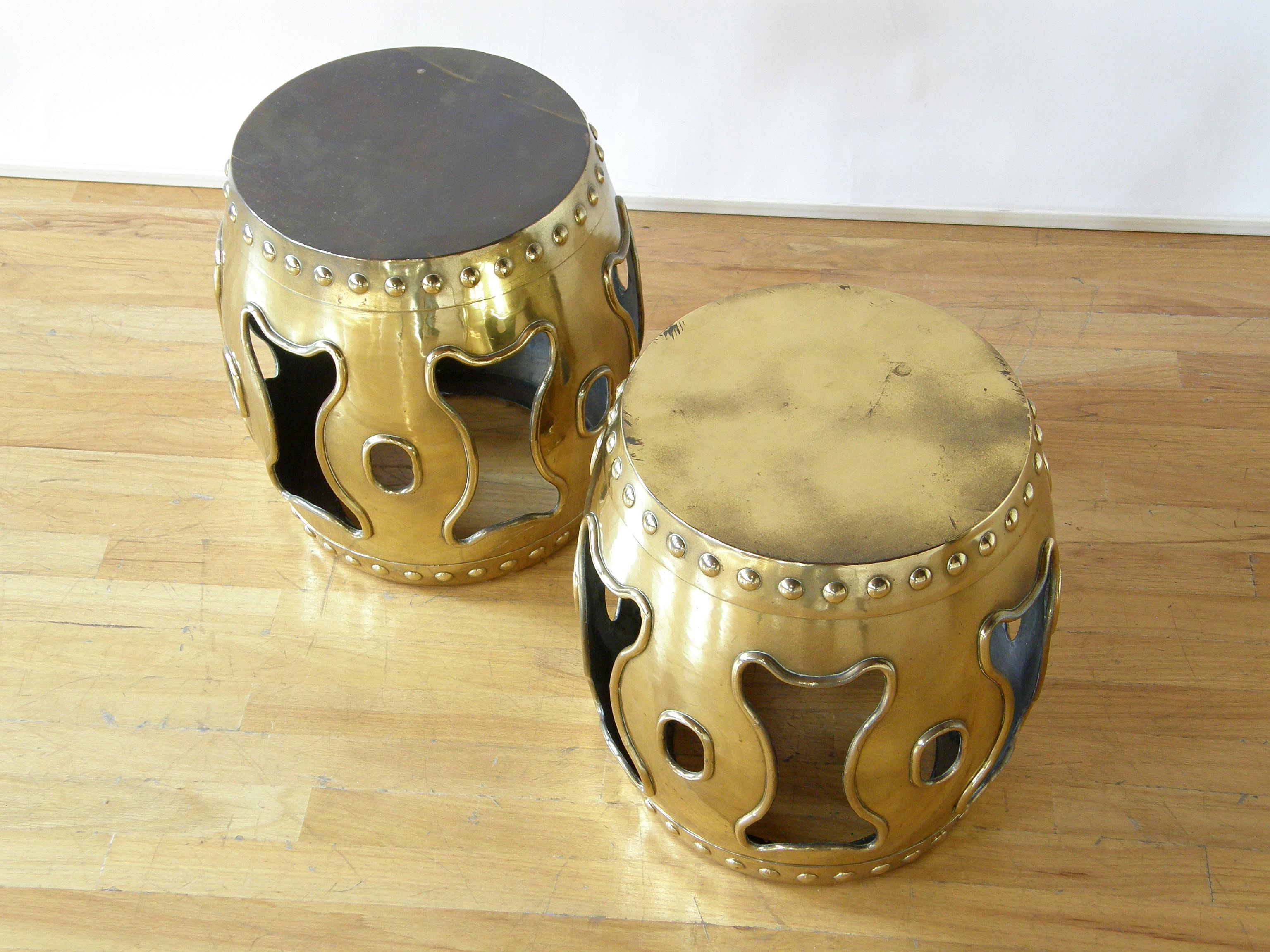 Forged Pair of Brass Drum Garden Stools Chinese Style Design with Pierced Sides
