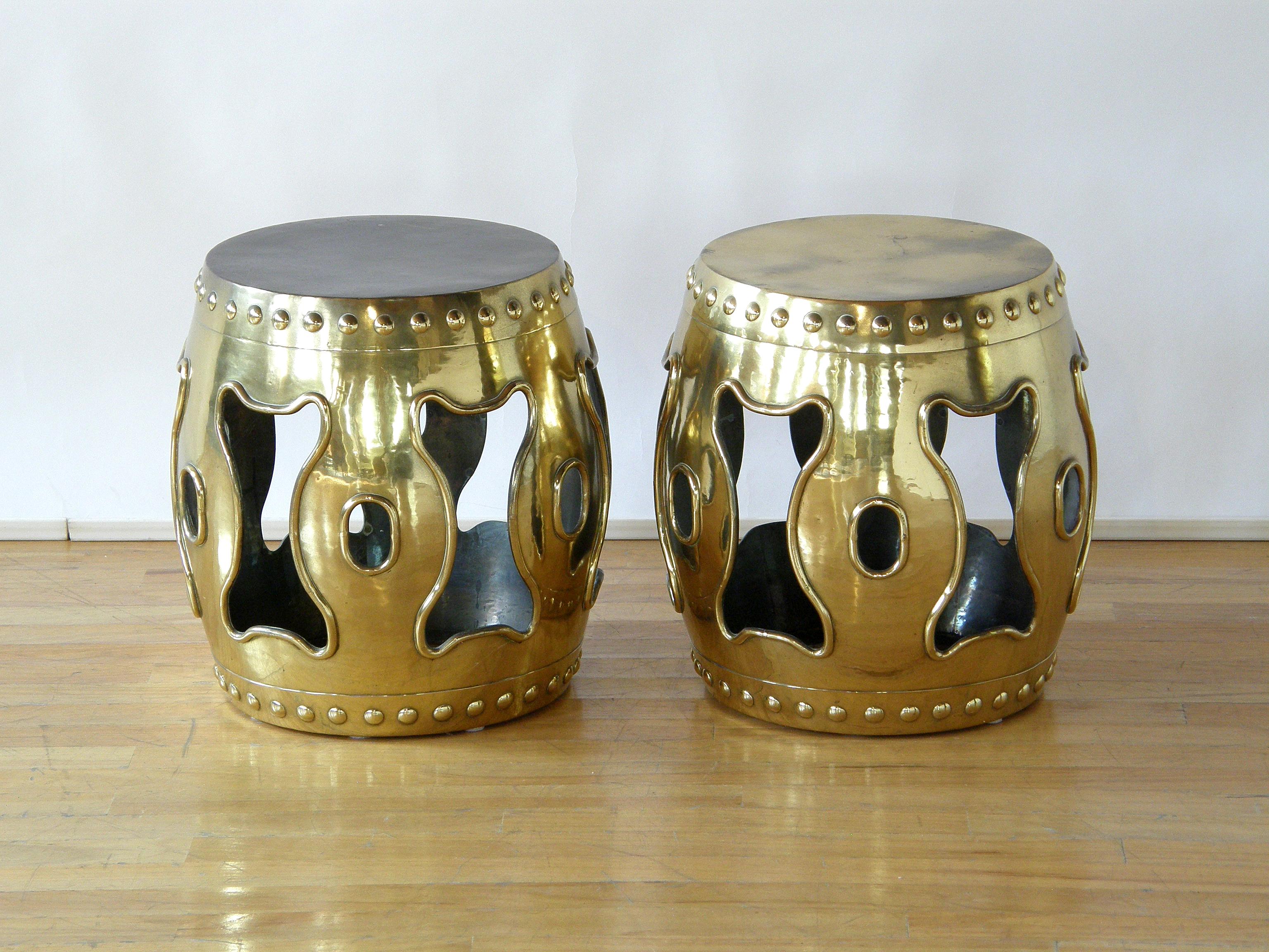 Pair of Brass Drum Garden Stools Chinese Style Design with Pierced Sides In Good Condition In Chicago, IL