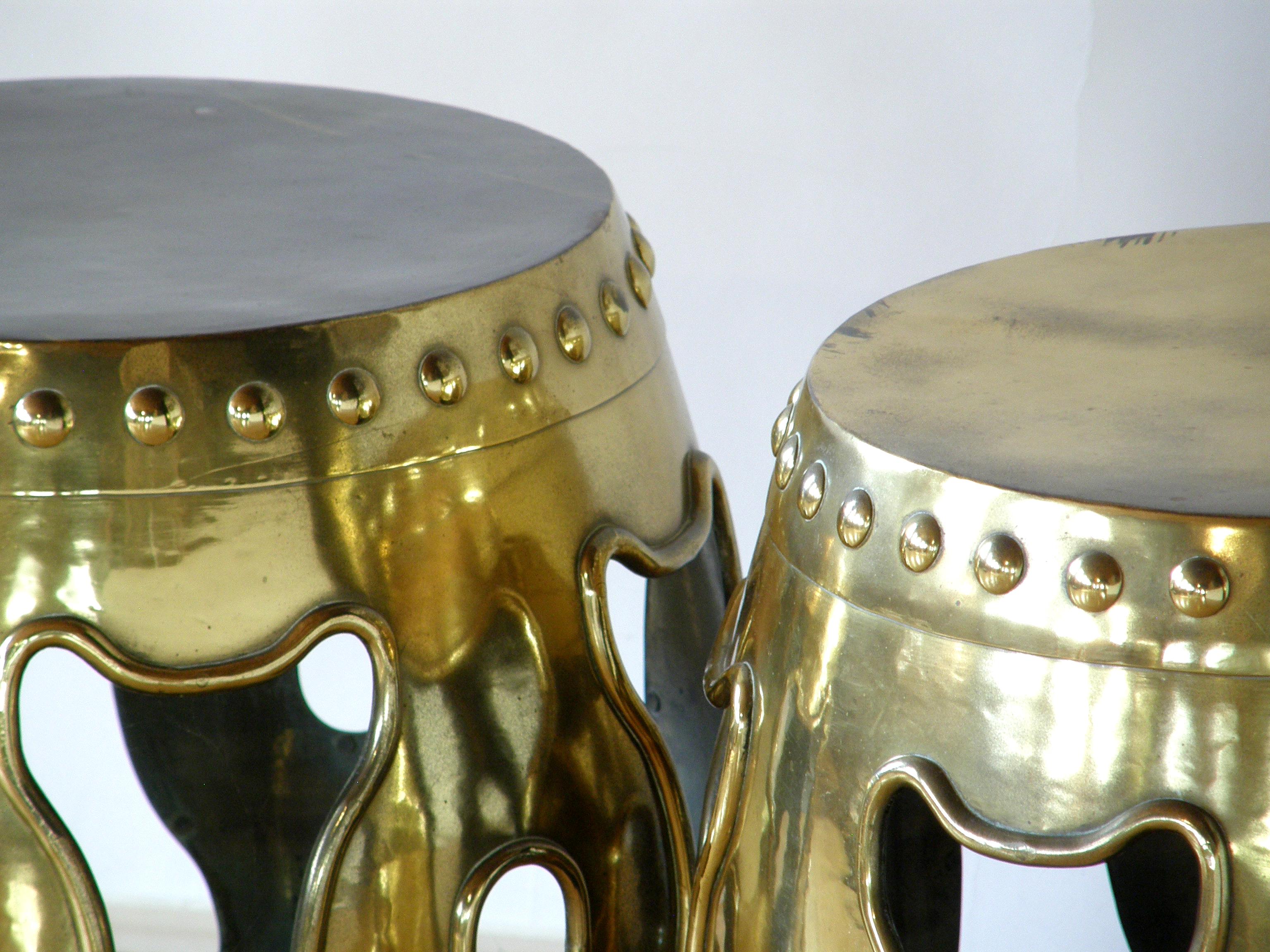 Mid-20th Century Pair of Brass Drum Garden Stools Chinese Style Design with Pierced Sides