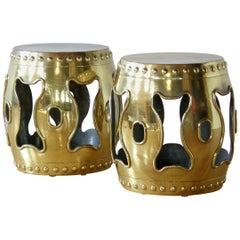 Retro Pair of Brass Drum Garden Stools Chinese Style Design with Pierced Sides