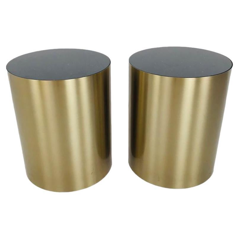 Pair of Brass Drum Tables with Marble Top