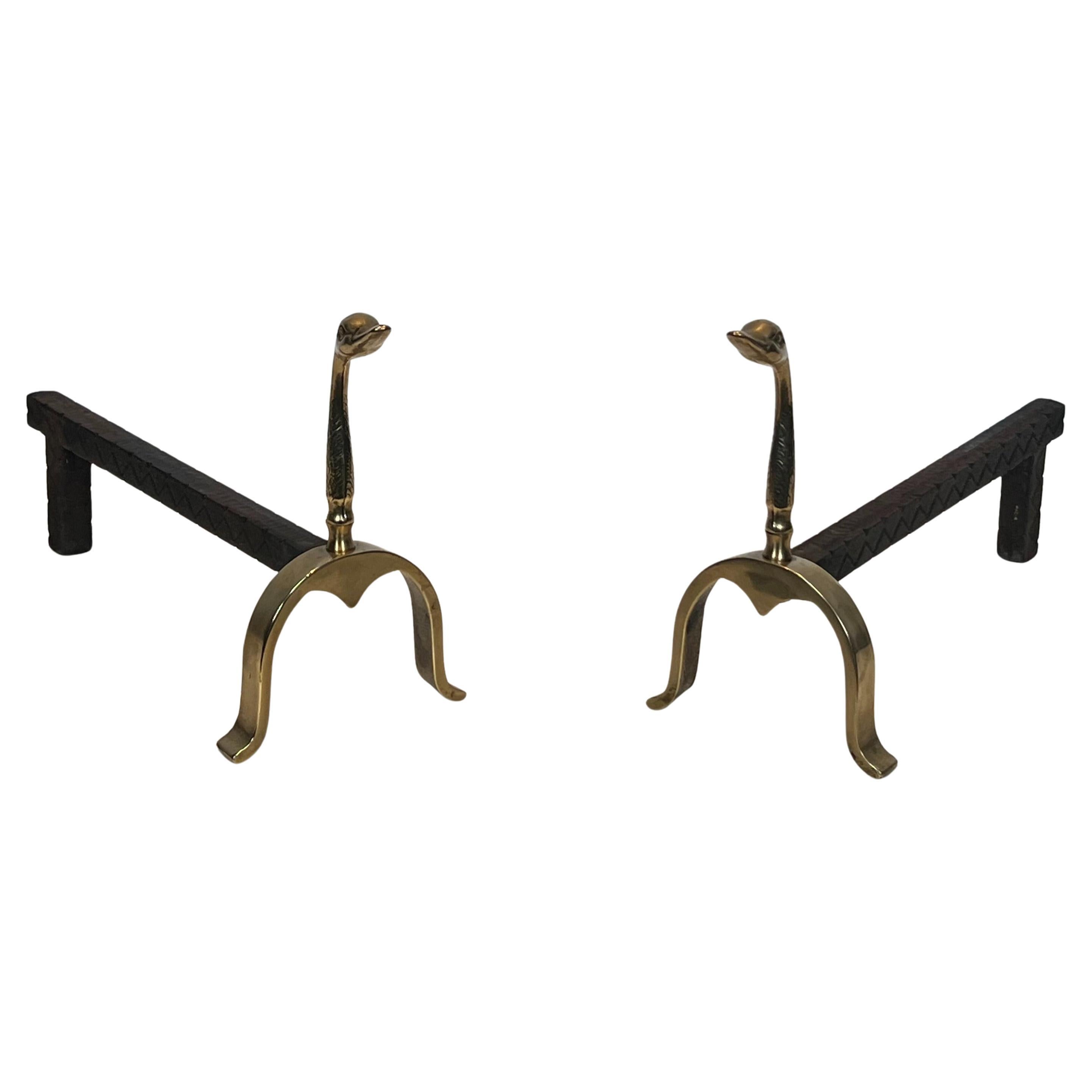Pair of Brass Ducks Andirons In the Style of Maison Jansen
