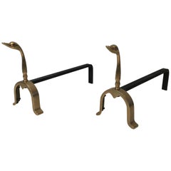 Pair of Brass Ducks Andirons in the Style of Maison Jansen, French, circa 1970