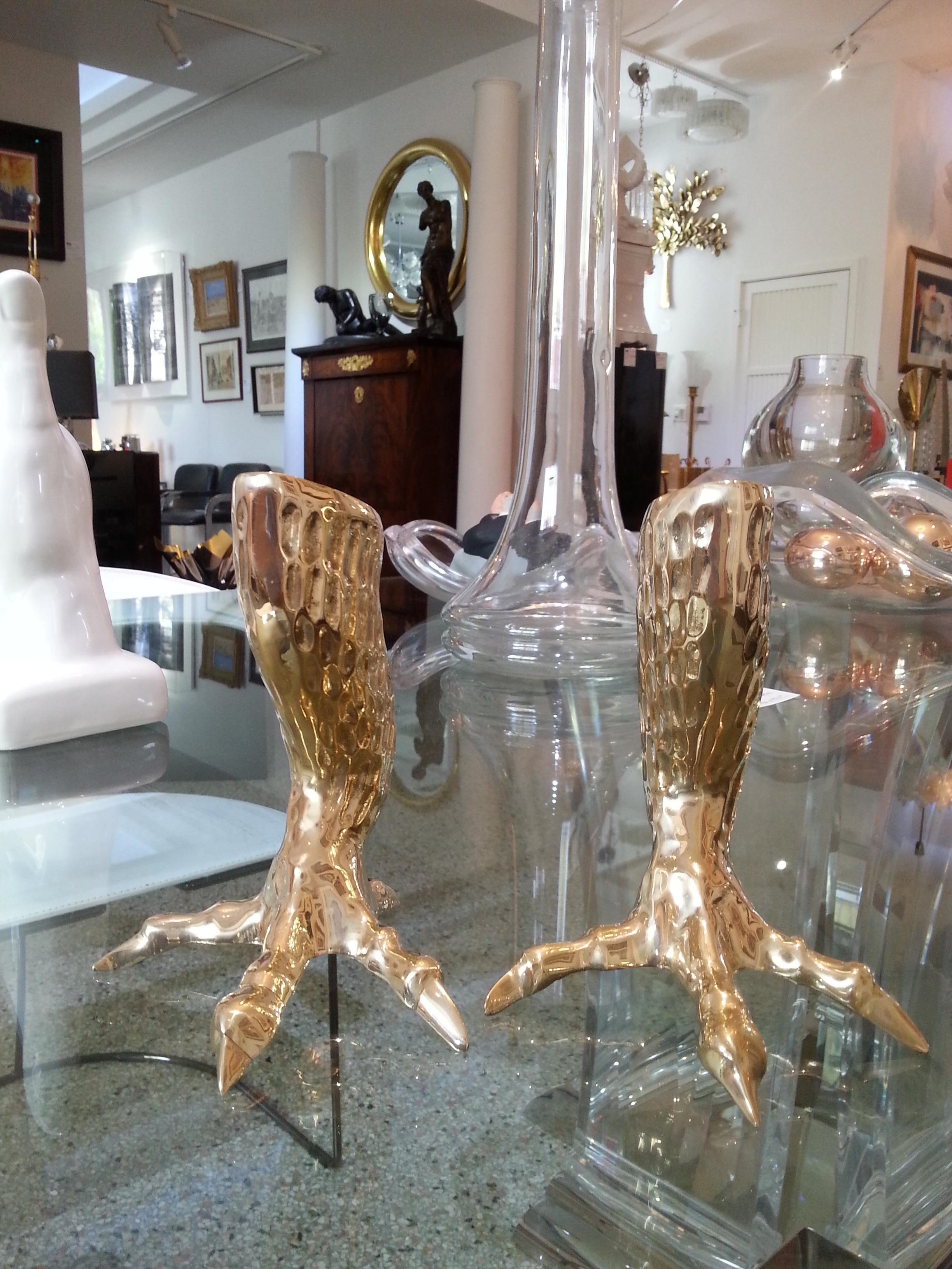 Hollywood Regency Pair of Brass Eagle Talon Candlesticks