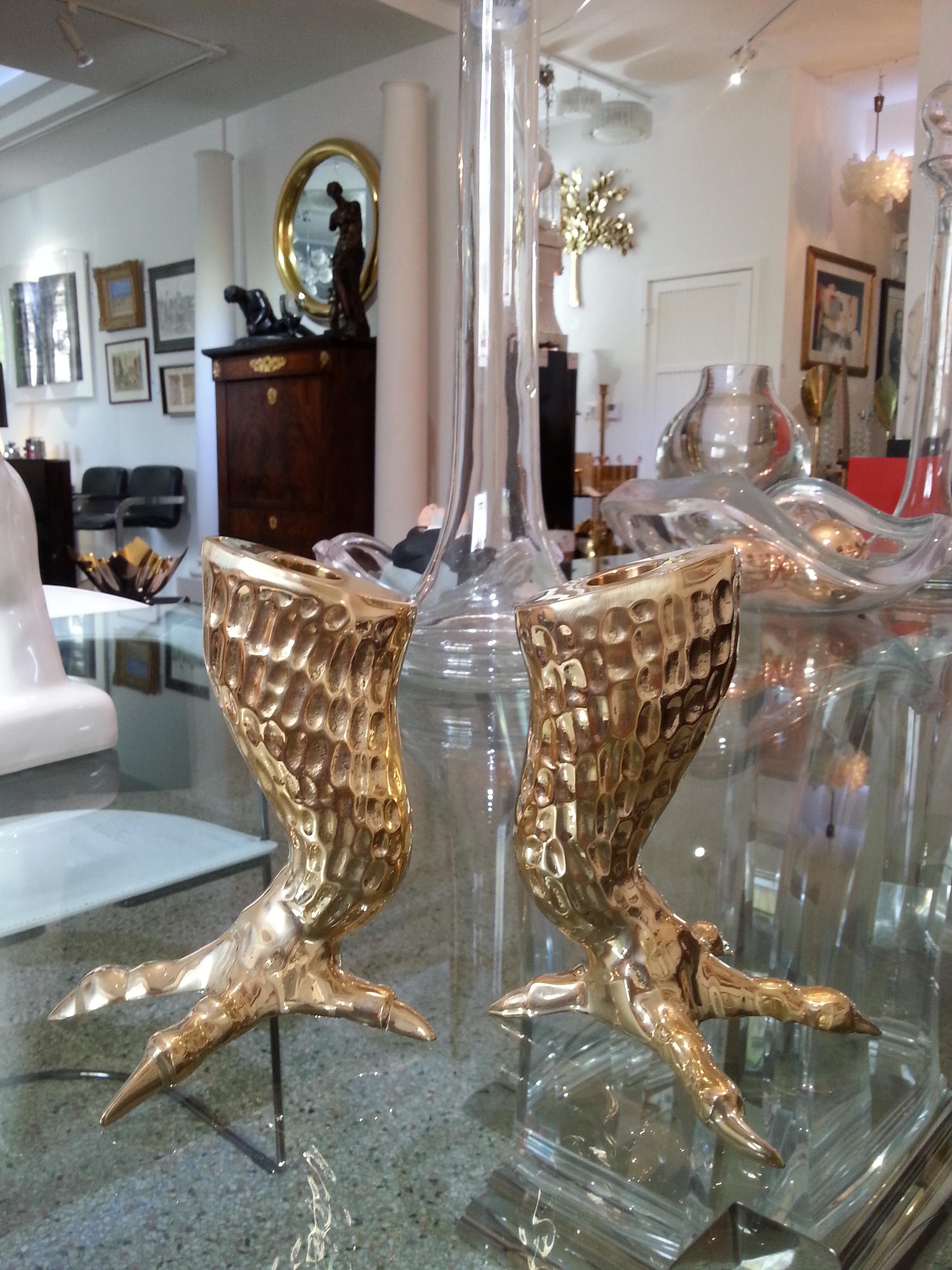 Italian Pair of Brass Eagle Talon Candlesticks