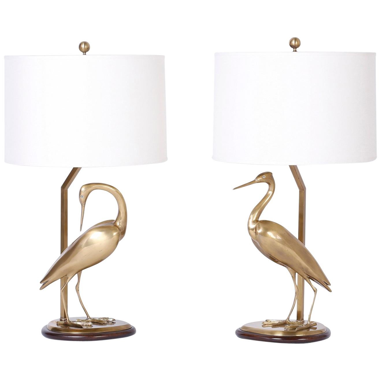 Pair of Brass Egret Bird Table Lamps