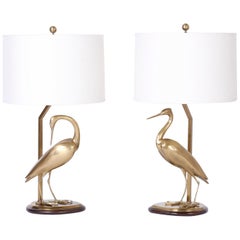 Pair of Brass Egret Bird Table Lamps