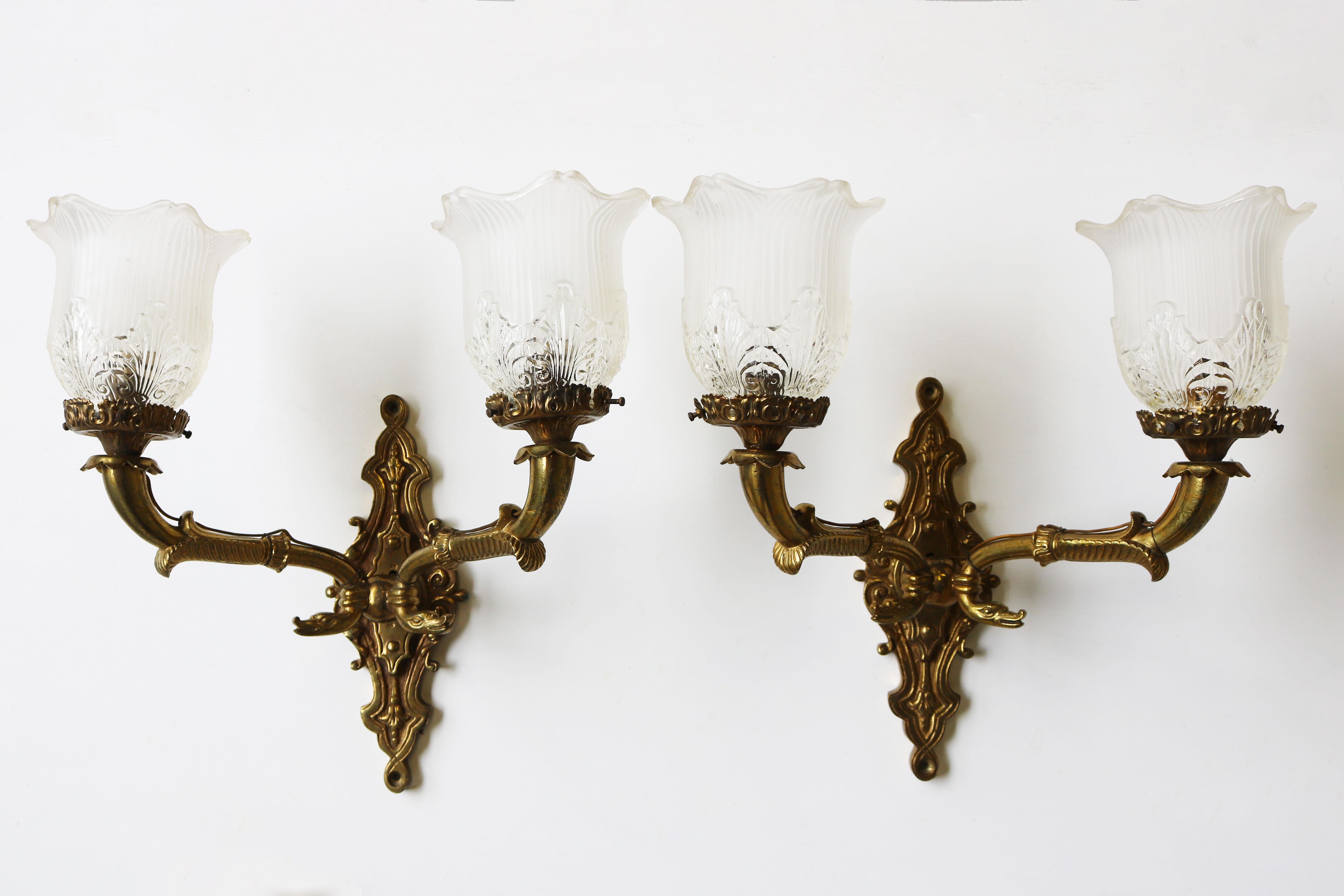 Pair of Brass Empire 19th Century Wall Lights with Serpent Heads Sconces Glass For Sale 4
