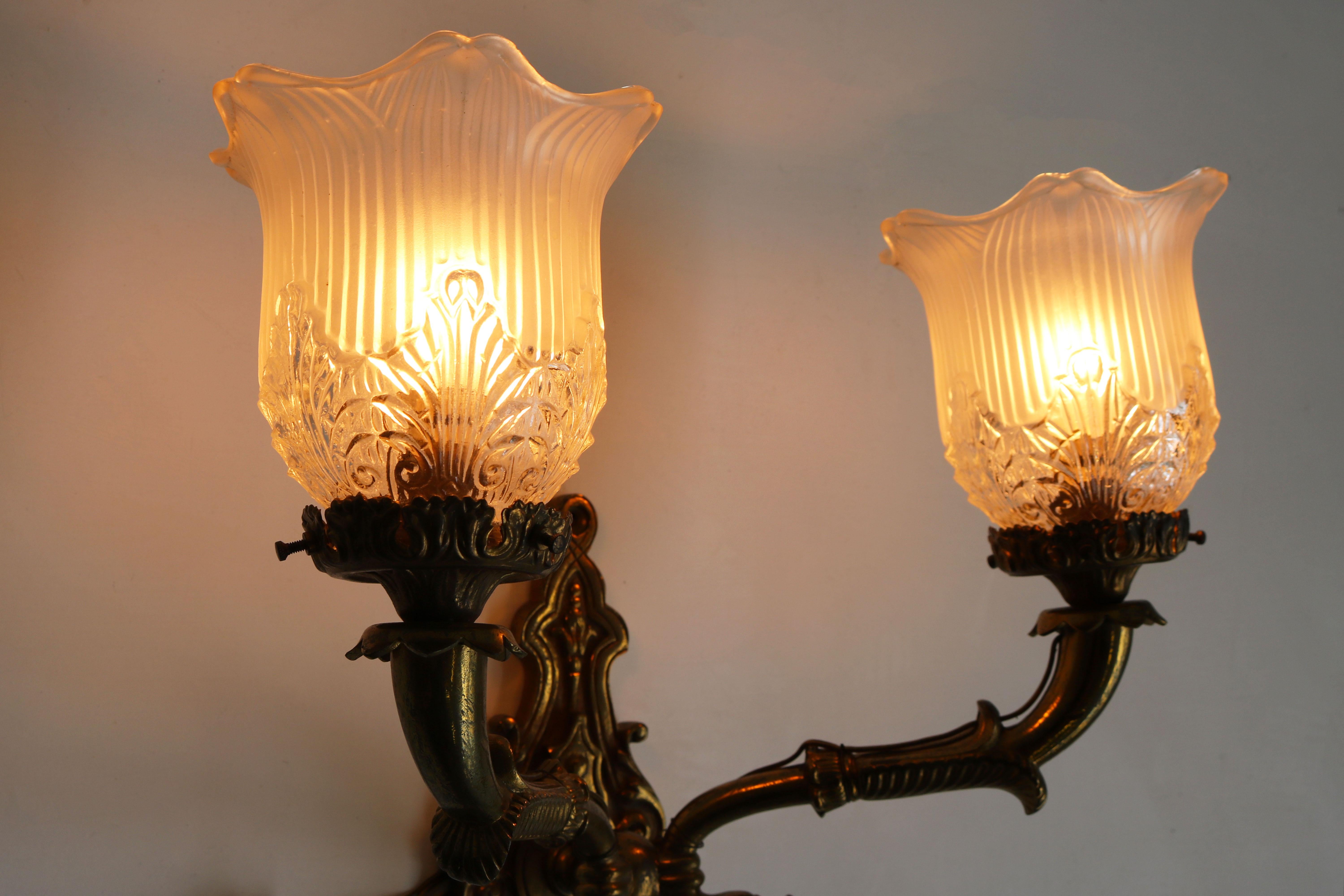 Empire Revival Pair of Brass Empire 19th Century Wall Lights with Serpent Heads Sconces Glass For Sale