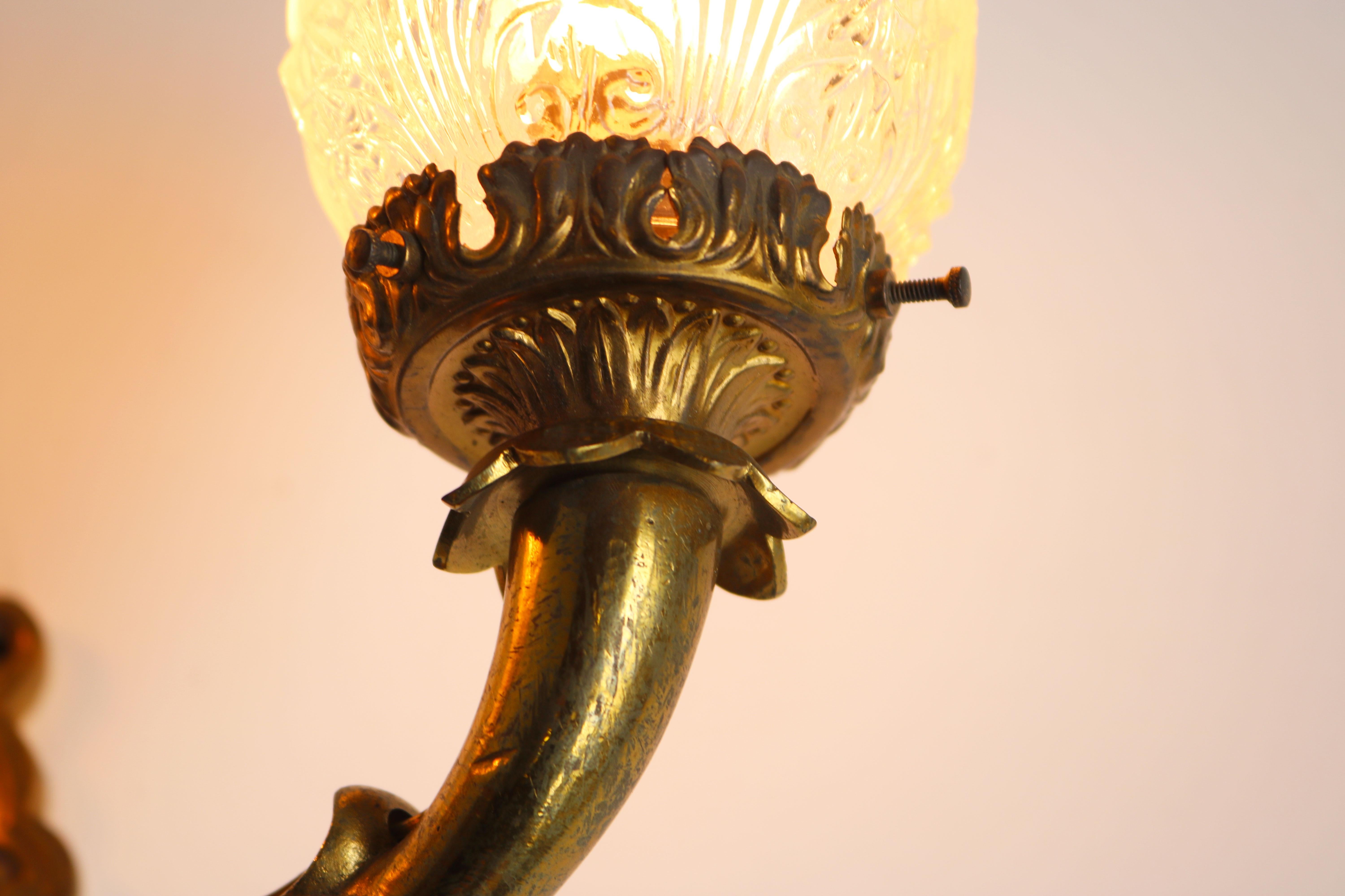 Pair of Brass Empire 19th Century Wall Lights with Serpent Heads Sconces Glass For Sale 3