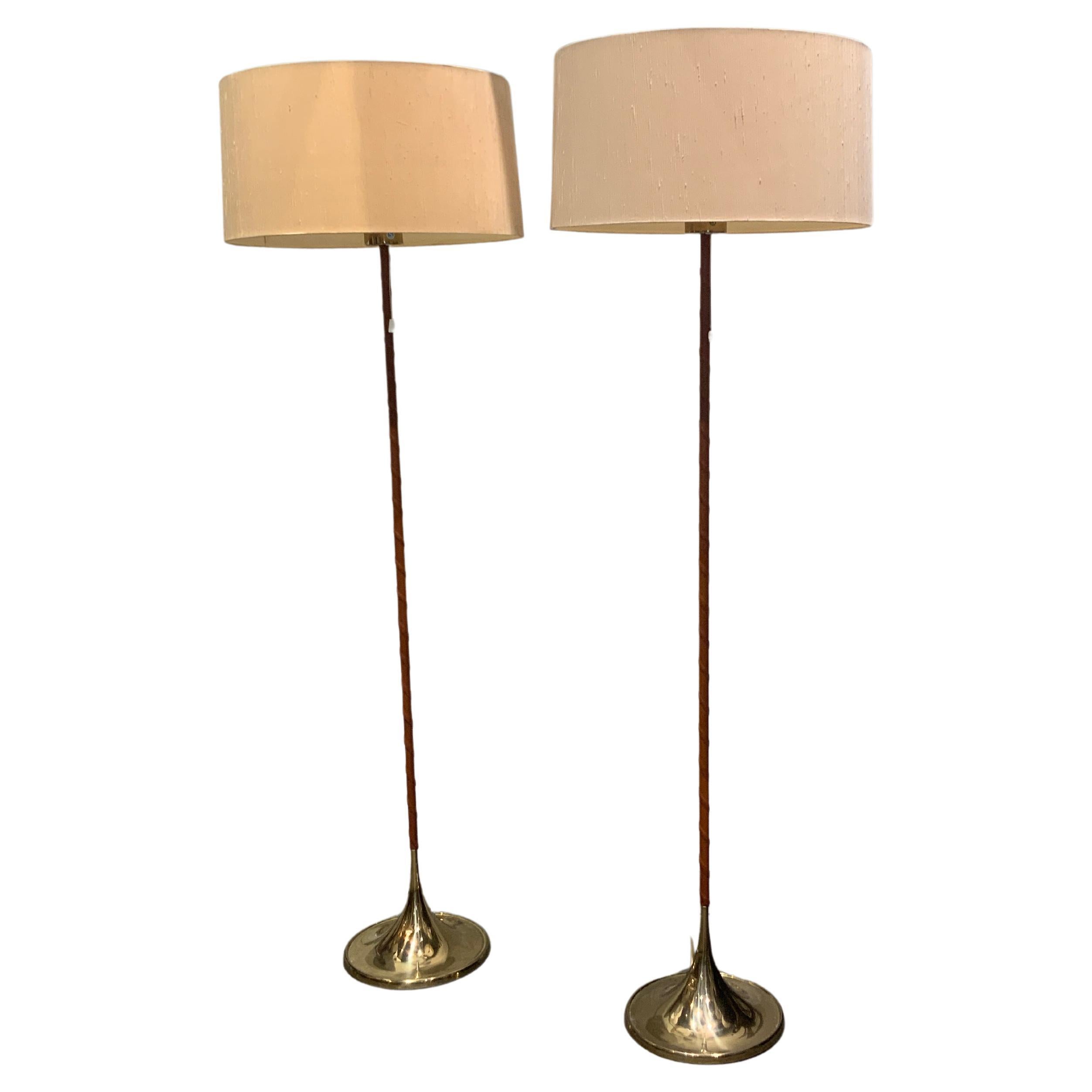Pair of brass en leather floor lamps Bergboms Sweden circa 1970 For Sale