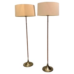 Vintage Pair of brass en leather floor lamps Bergboms Sweden circa 1970
