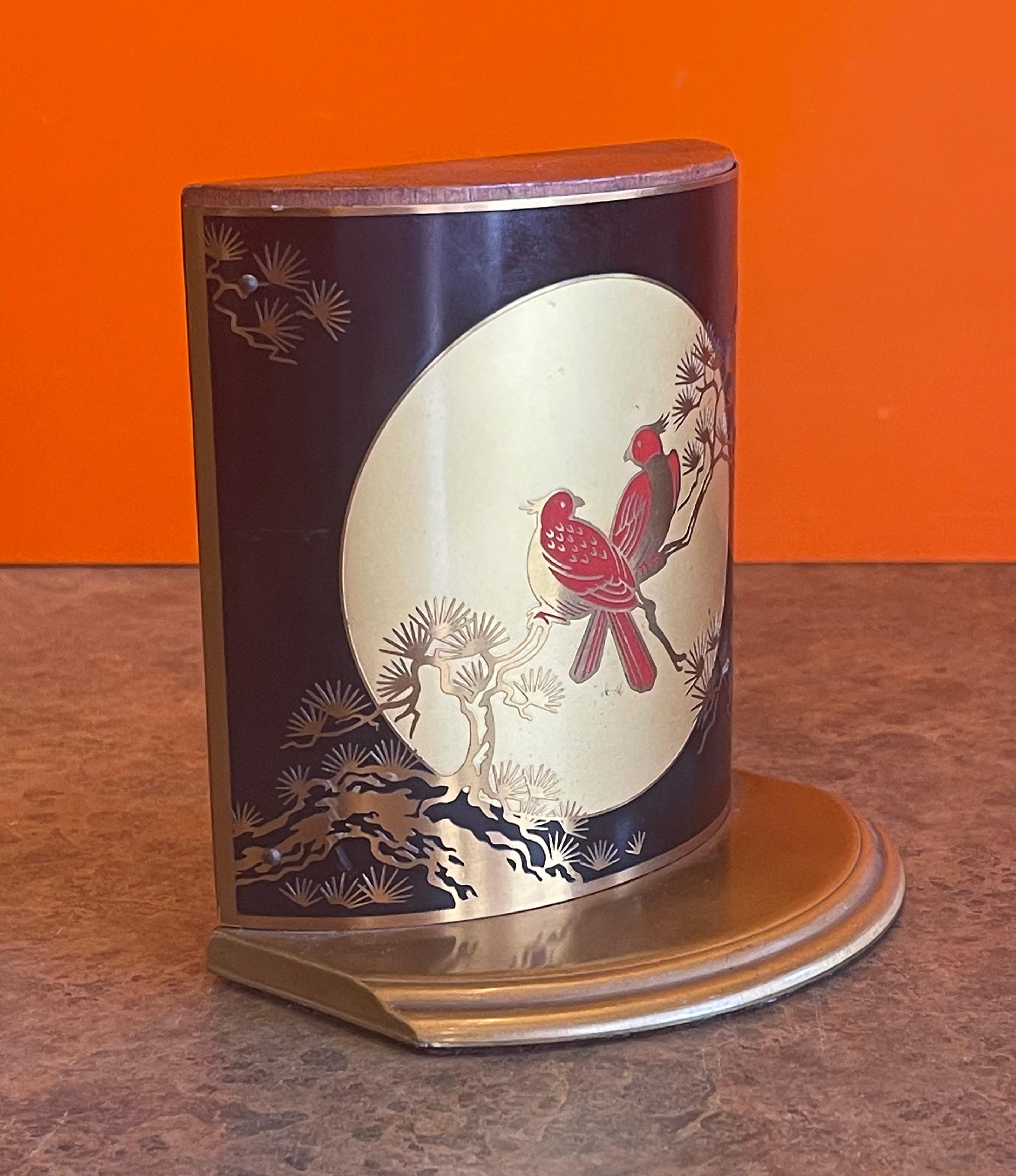 Pair of Brass, Enamel & Wood Asian Style Bird Bookends by Grammes 7