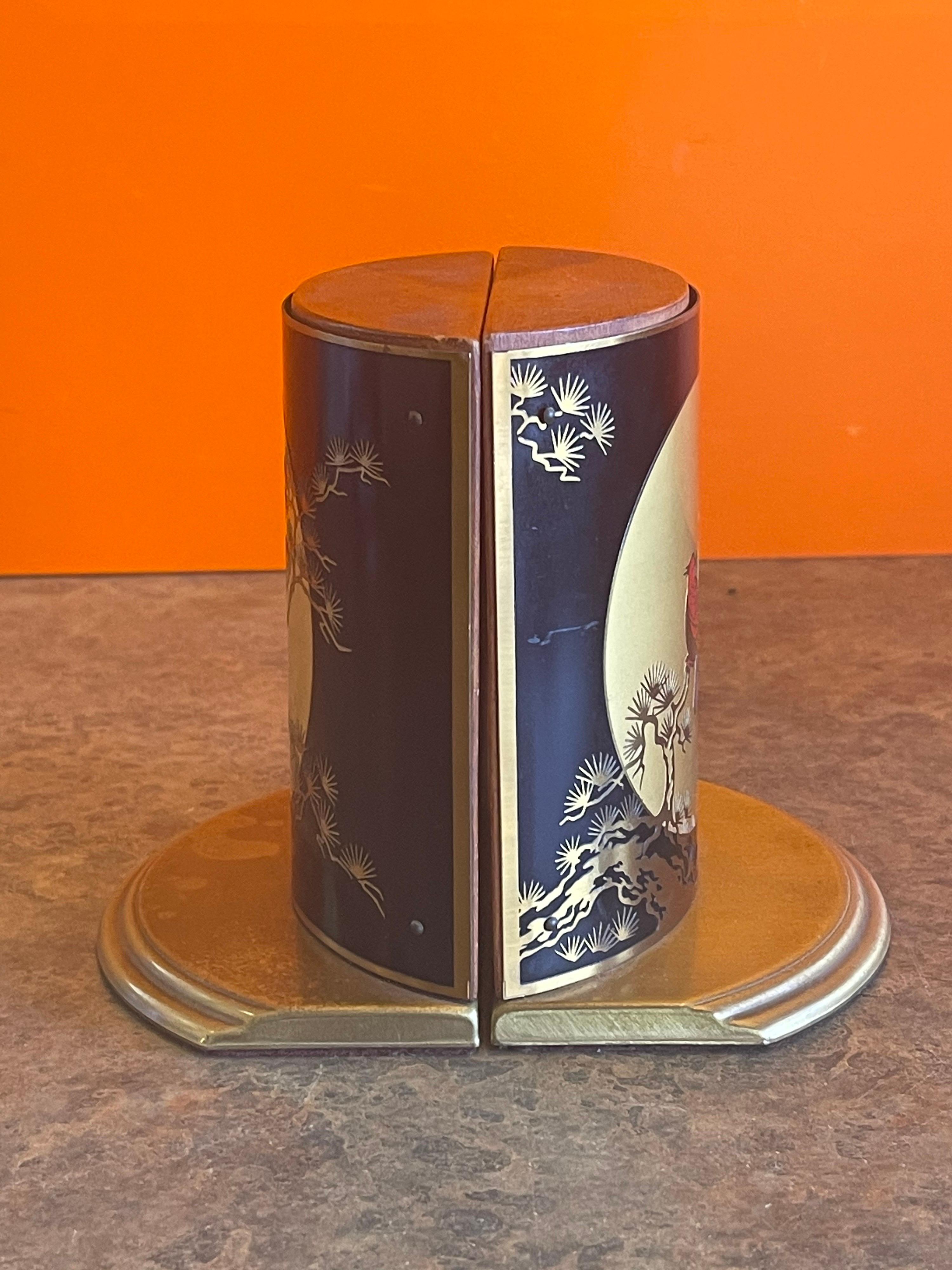 American Pair of Brass, Enamel & Wood Asian Style Bird Bookends by Grammes