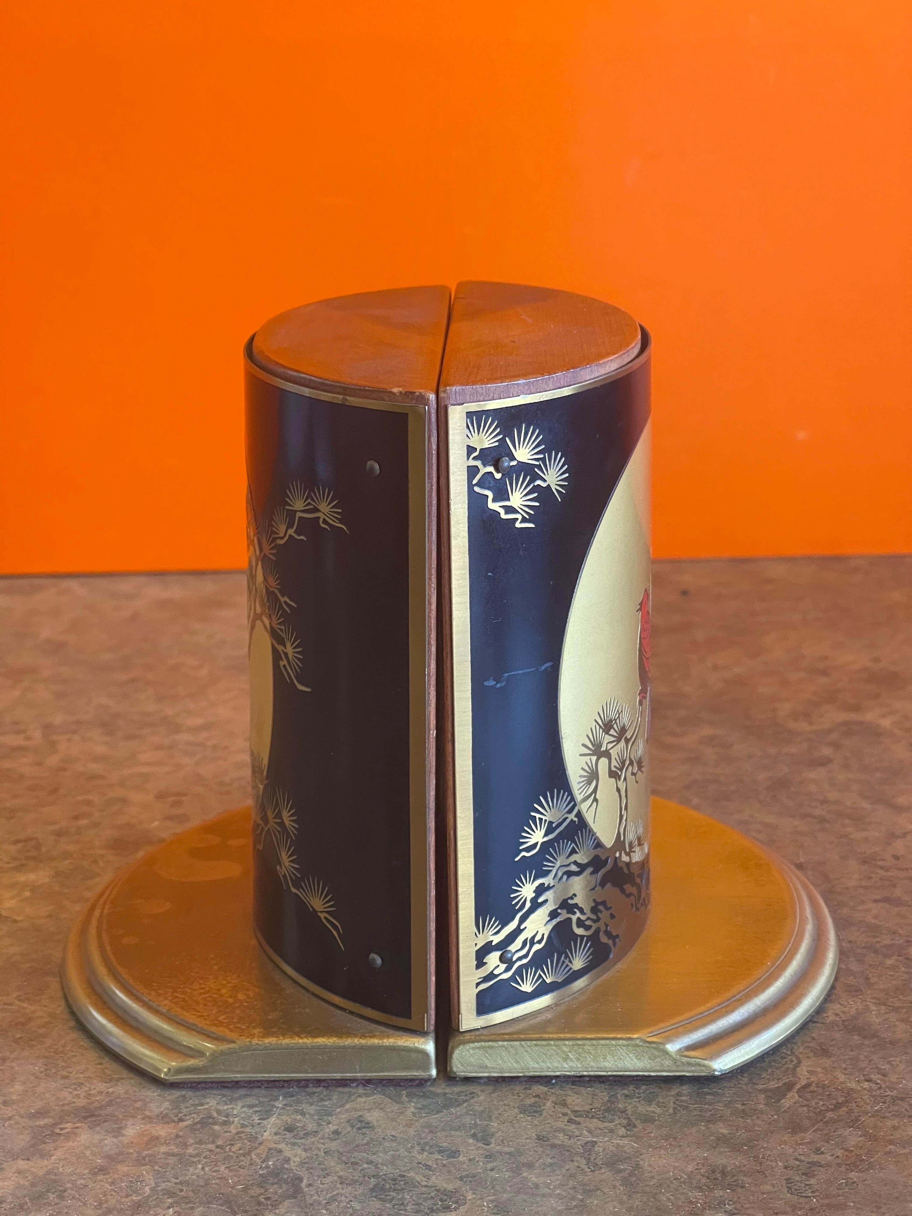 Pair of Brass, Enamel & Wood Asian Style Bird Bookends by Grammes In Good Condition In San Diego, CA