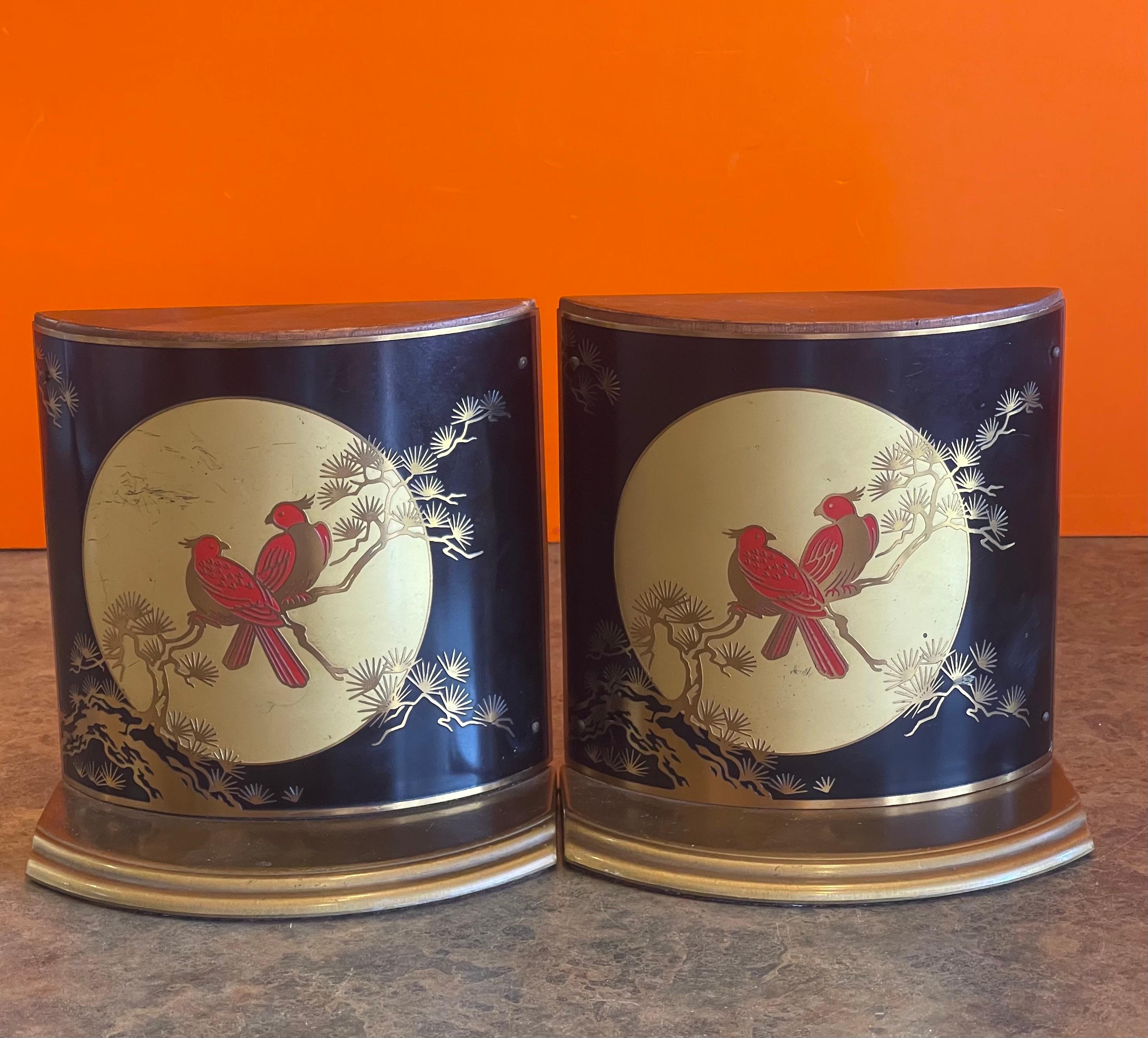 20th Century Pair of Brass, Enamel & Wood Asian Style Bird Bookends by Grammes
