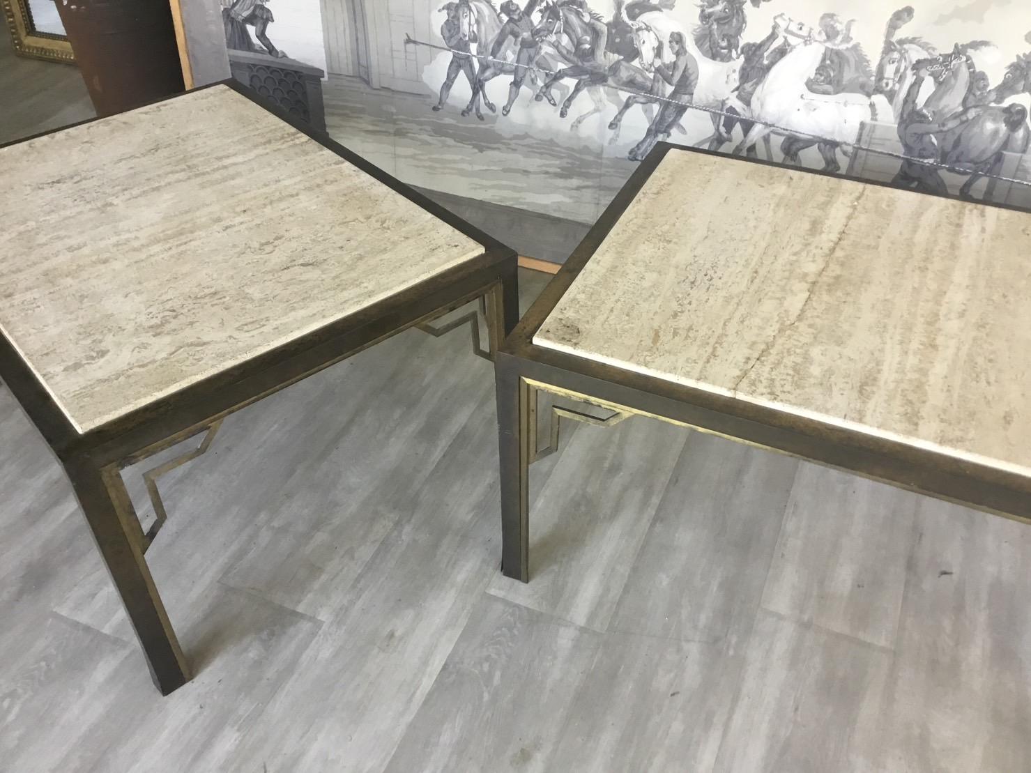 Pair of Brass End-Sofa Tables with Travertine Tops 5