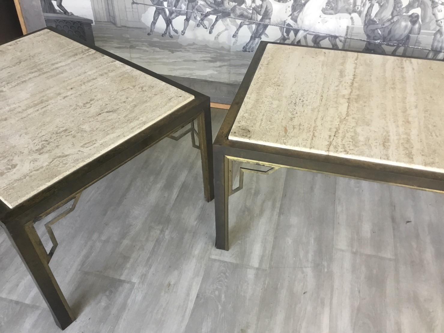 Pair of Brass End-Sofa Tables with Travertine Tops 6