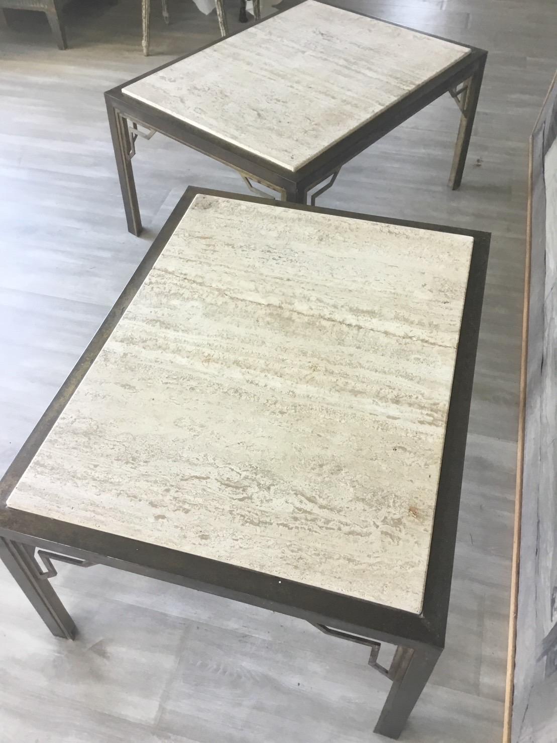 Pair of Brass End-Sofa Tables with Travertine Tops 7