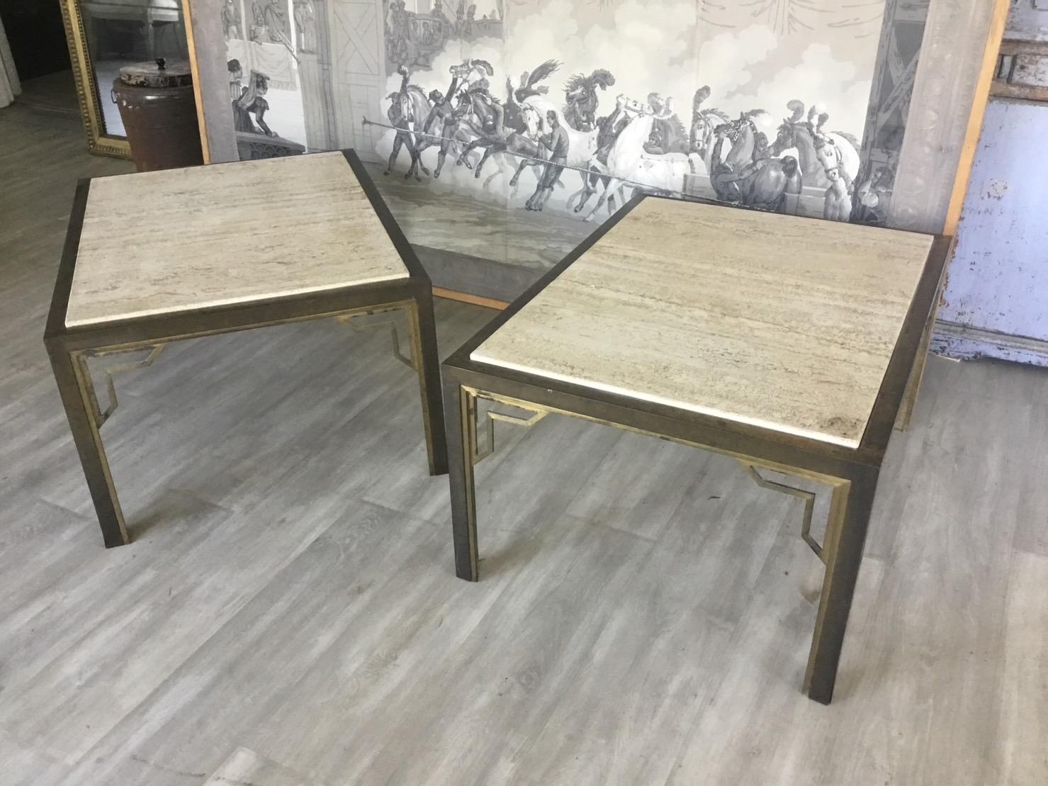 Pair of Brass End-Sofa Tables with Travertine Tops 8