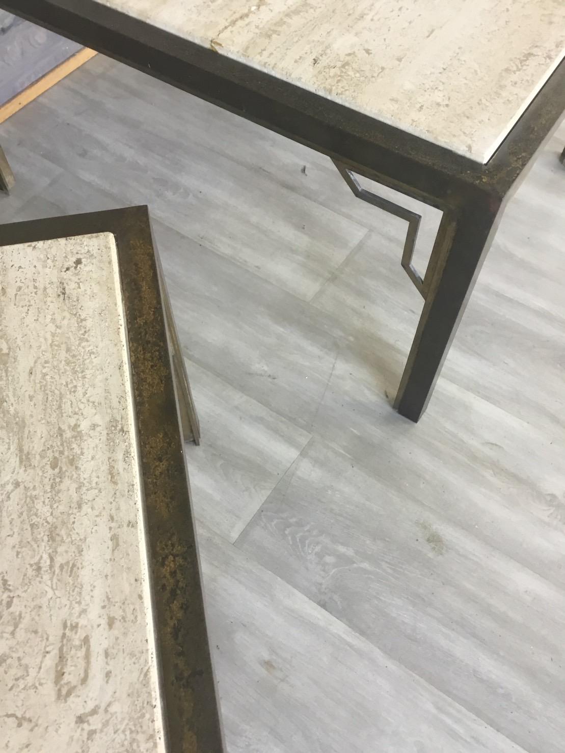 Pair of Brass End-Sofa Tables with Travertine Tops 10